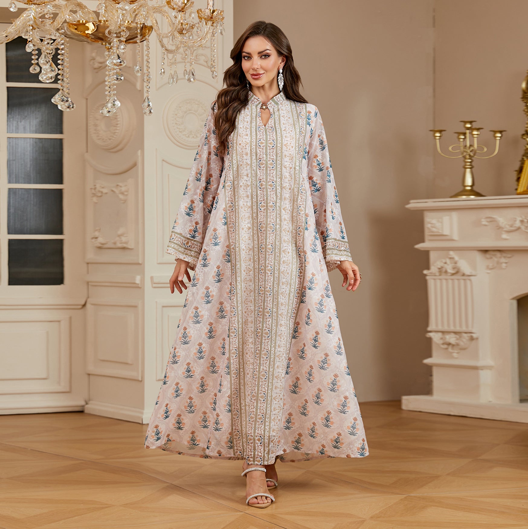 Women Stand Collar V Neck Floral Striped Abaya 3 Colors Vintage Botanical Print Loose Wide Sleeve Maxi Kaftan Lightweight Daily Modest Dress For Ramadan Casual Party