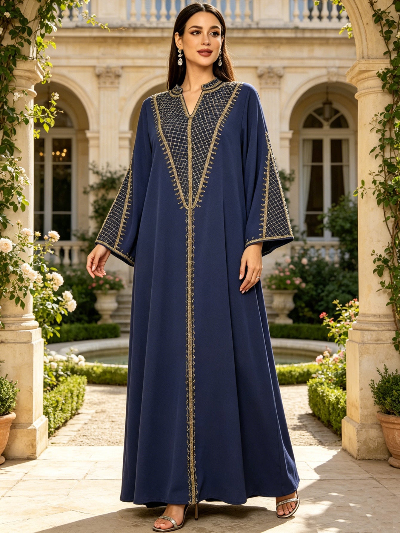Sea Blue and Navy Heavy Gold Thread Embroidered Maxi Dress