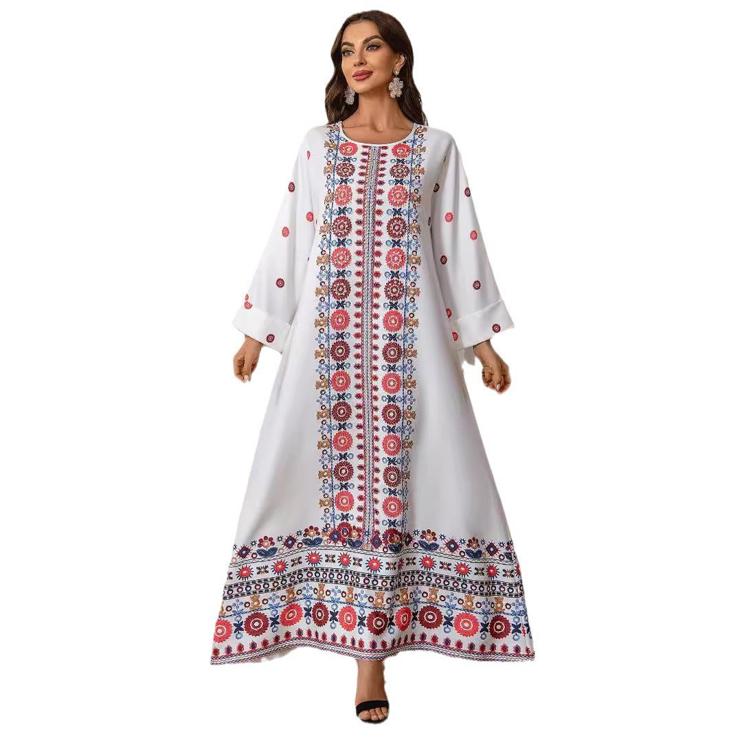 Elegant Red Printed Gold Foil Beaded Maxi Abaya Jalabiya Modest Long Robe for Muslim Women Eid Ramadan Daily Wear Loose Floor Length Dress S-XXL