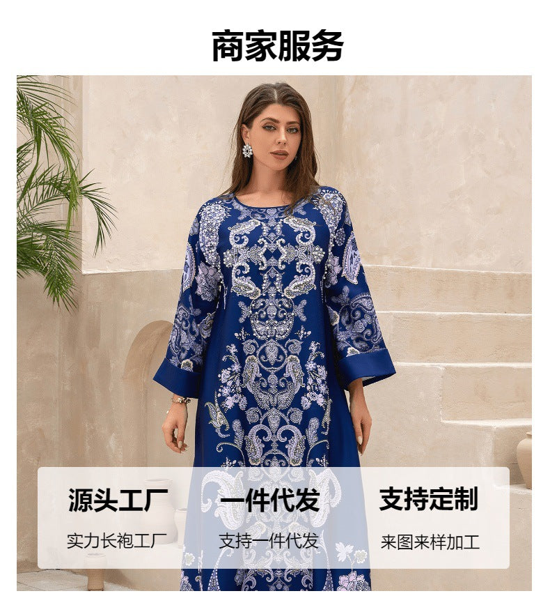 Navy Rhinestone Party Abaya - Printed Evening Robe Plus Size