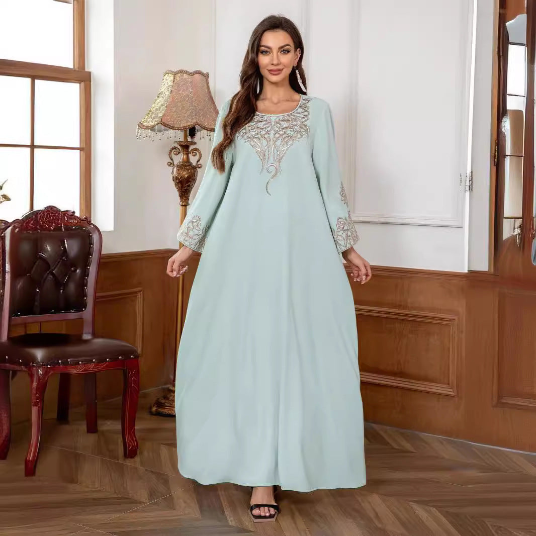 Women Light Mint Green Rhinestone Embroidered Round Neck Long Sleeve Abaya Loose Long Dubai Muslim Modest Kaftan Maxi Dress For Wedding Eid Ramadan