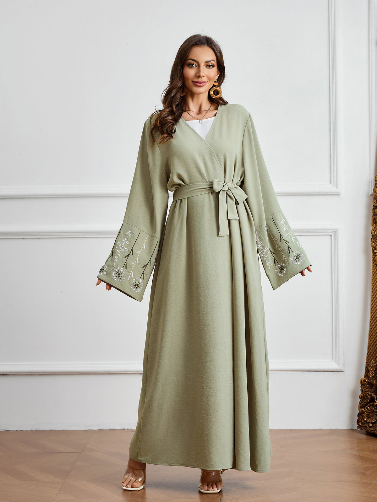 Elegant Floral Embroidered Sleeve Open Front Abaya Cardigan with Tie Belt Modest Long Maxi Robe for Muslim Women Eid Ramadan