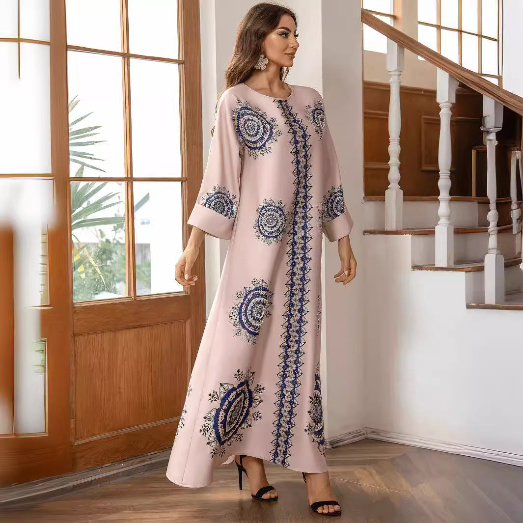 Pink Bohemian Beaded Abaya - Printed Round Neck Modest Long Robe