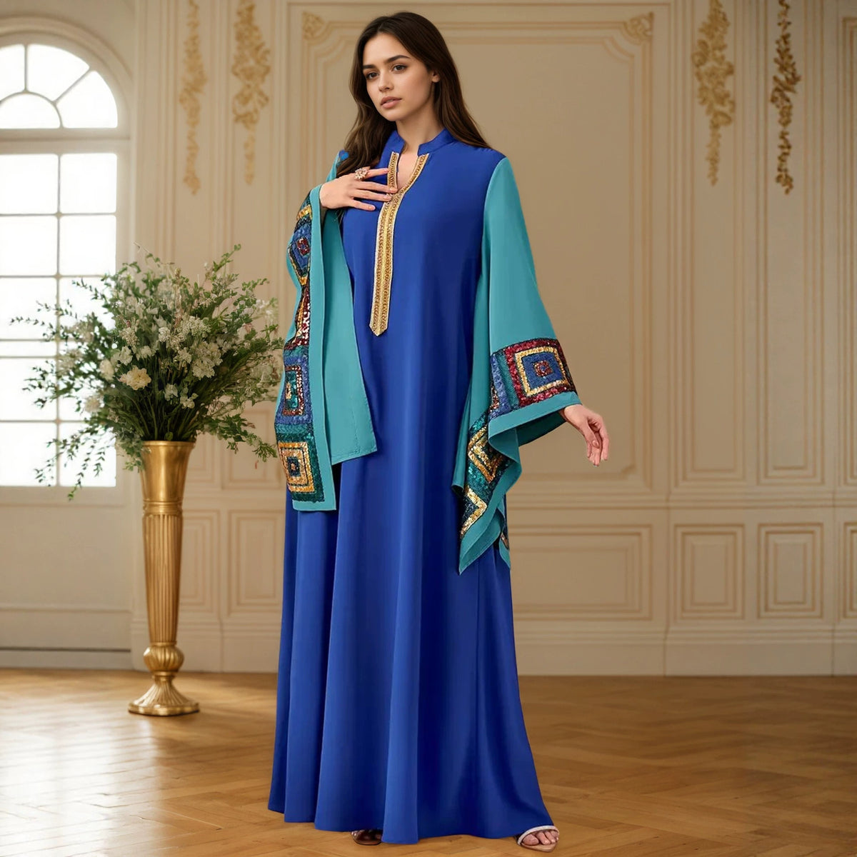 Blue Color Block Sequin Embroidered Stand Collar Gown Long Maxi Dress Modest Muslim Banquet
