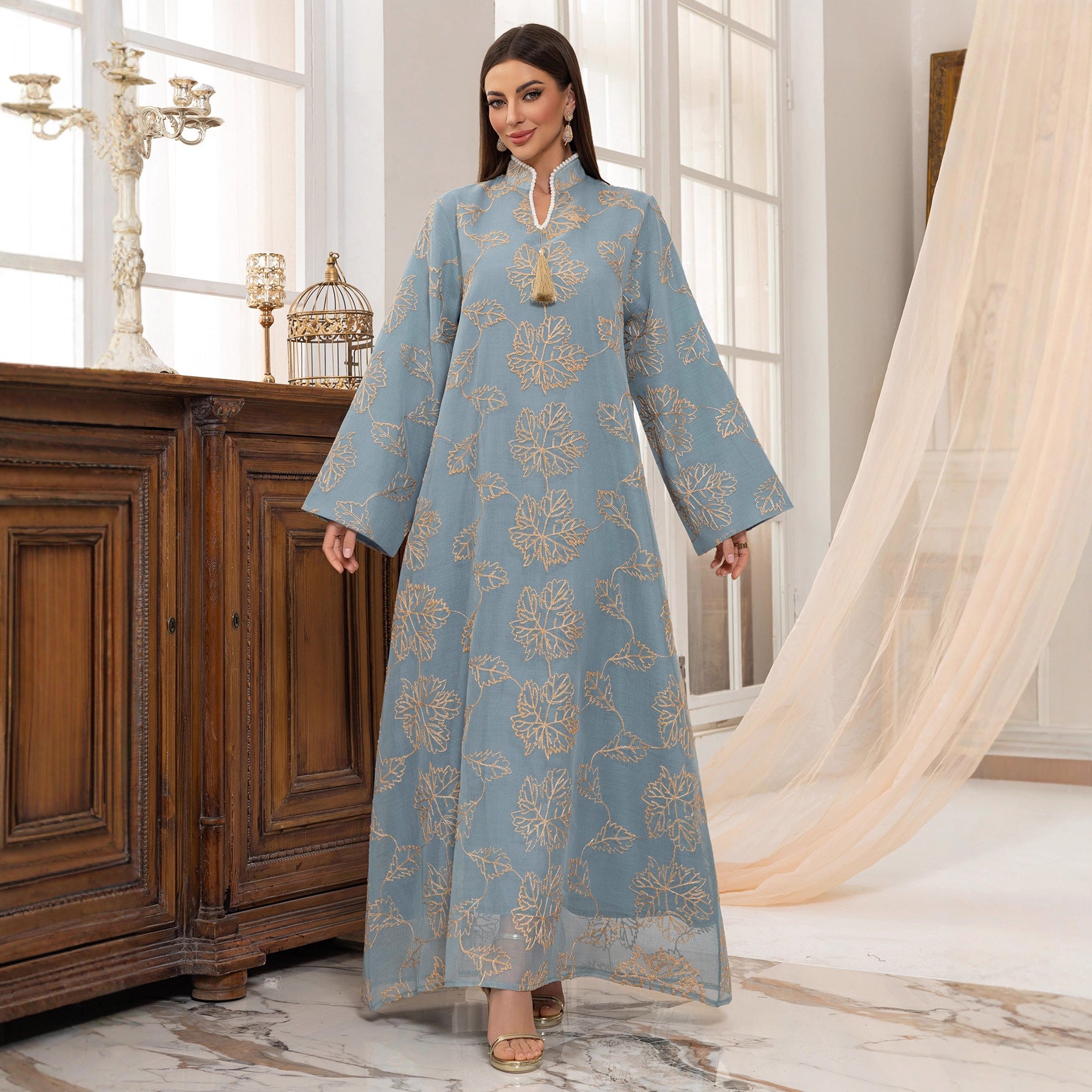 Fringed Leaf Embroidered Mesh Kaftan Dress Jalabiya Modest Long Maxi Dress for Muslim Women Eid Ramadan Daily Wear S-XXL