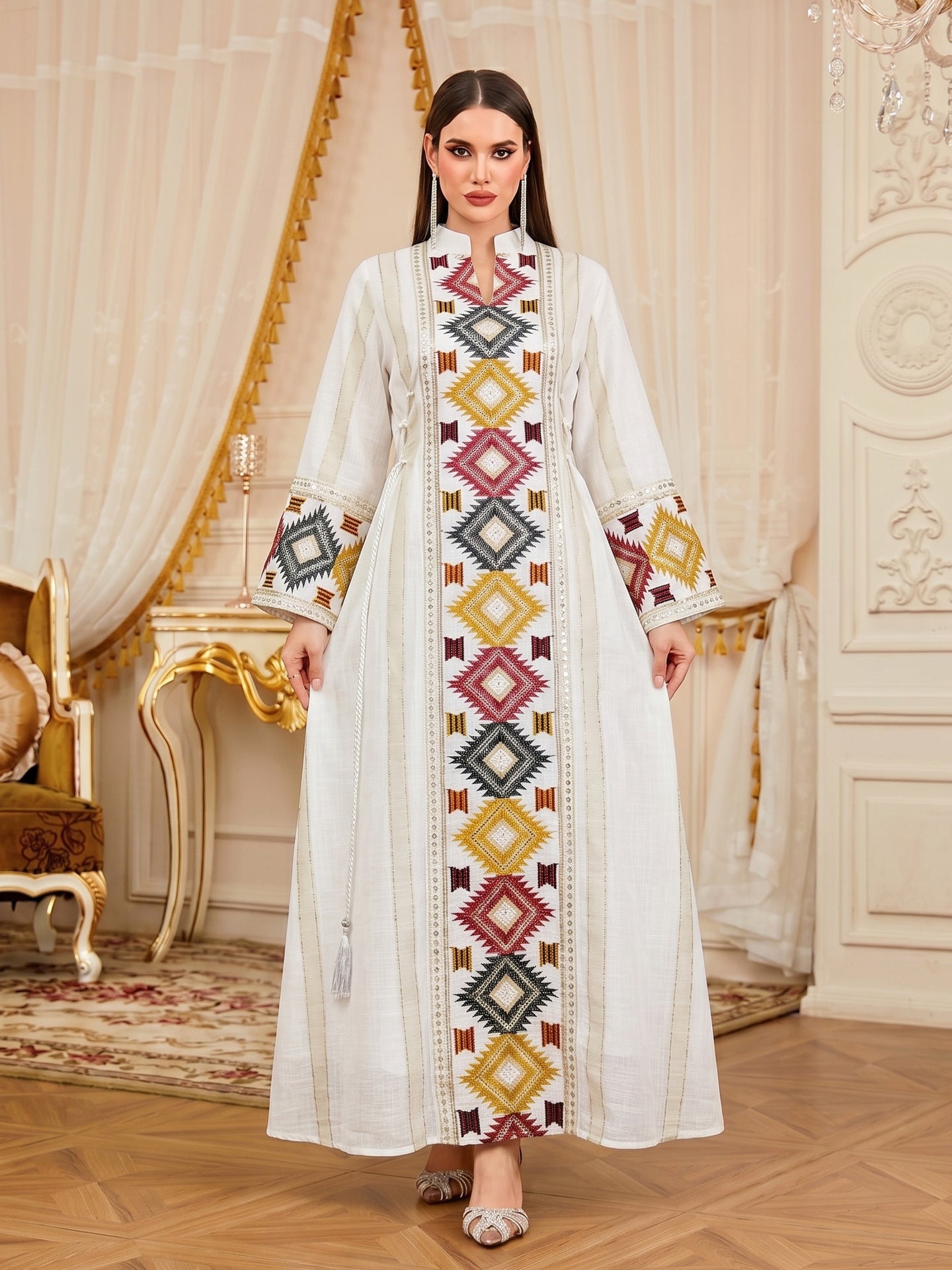 Embroidered Striped Patchwork Belted Gown Jalabiya Modest Slimming Long Maxi Dress for Muslim Women Eid Ramadan S-XXL