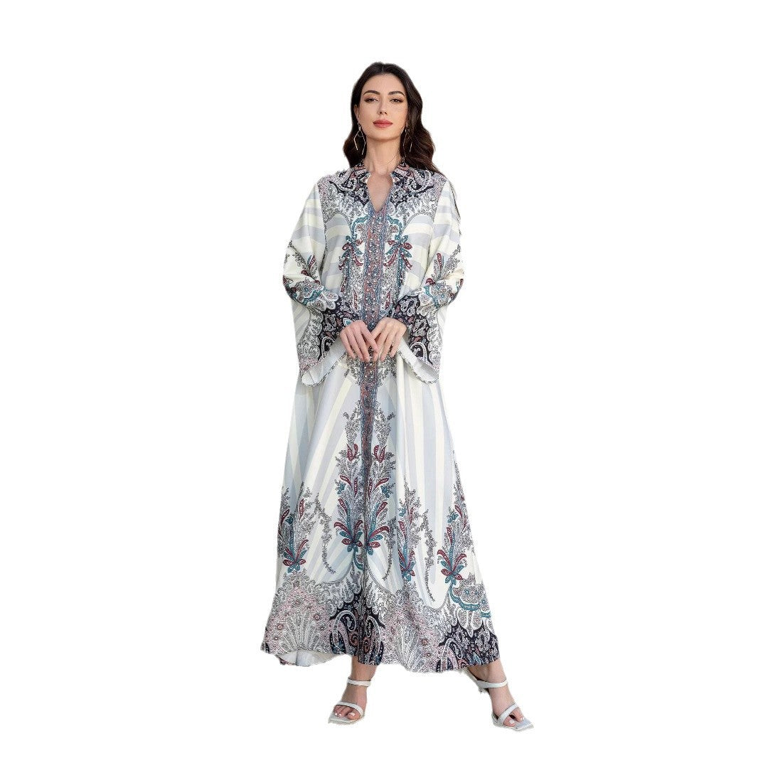 White Floral Print Mandarin Collar Rhinestone Embroidered Maxi Abaya