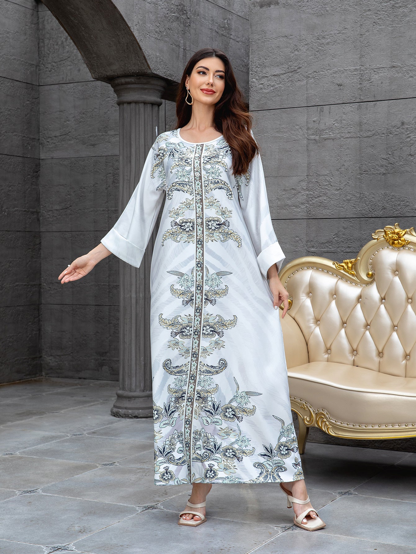 Light Grey Rhinestone Beaded Floral Maxi Abaya Dress