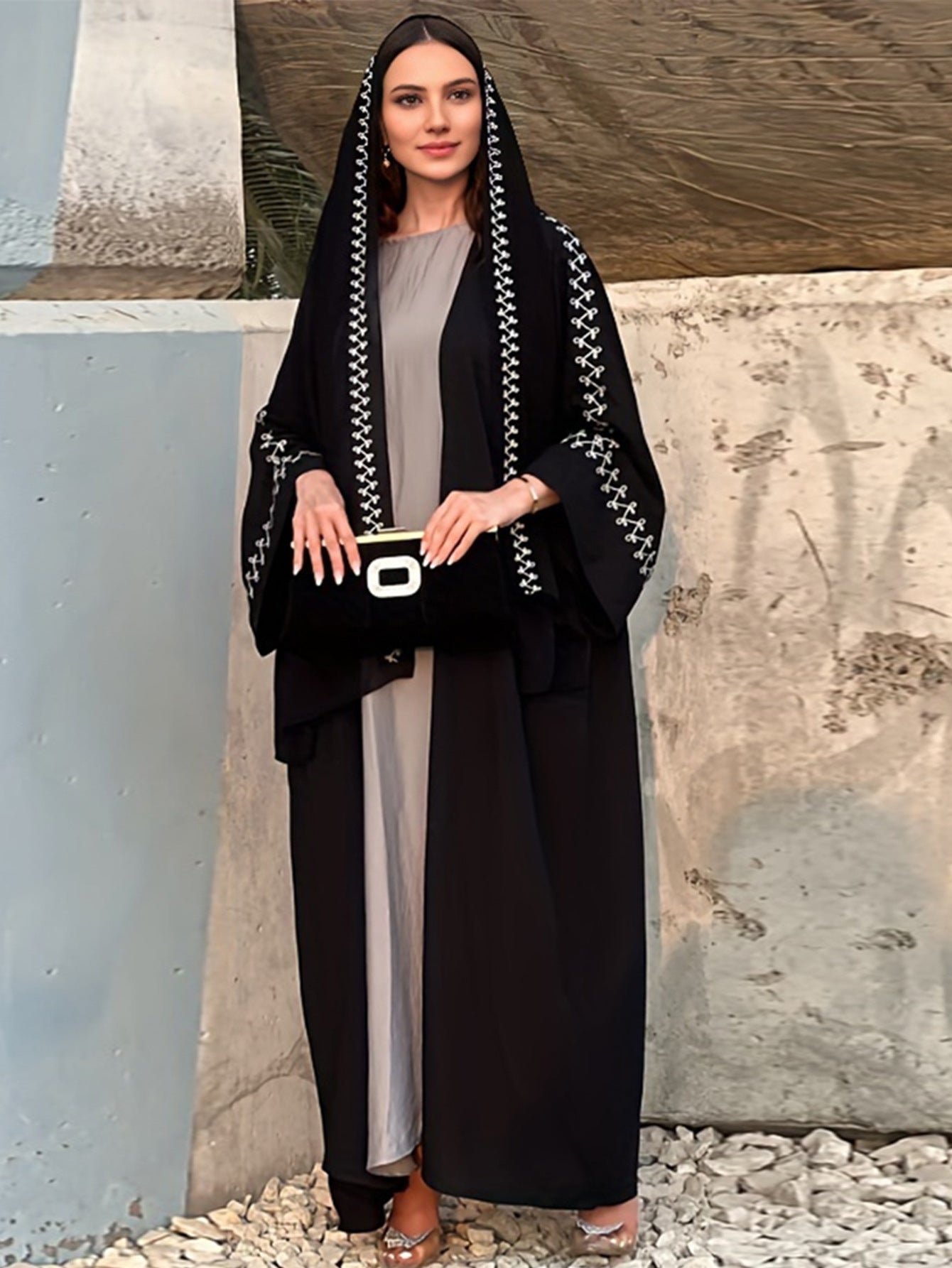 Embroidered Open-Front Cardigan with Hijab Set Jalabiya Abaya Long Maxi Dress for Muslim Women Eid Ramadan Banquet Gown S-XXL