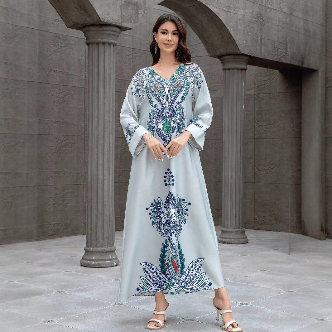 Light Blue Floral Print Rhinestone Embroidered Maxi Abaya Dress