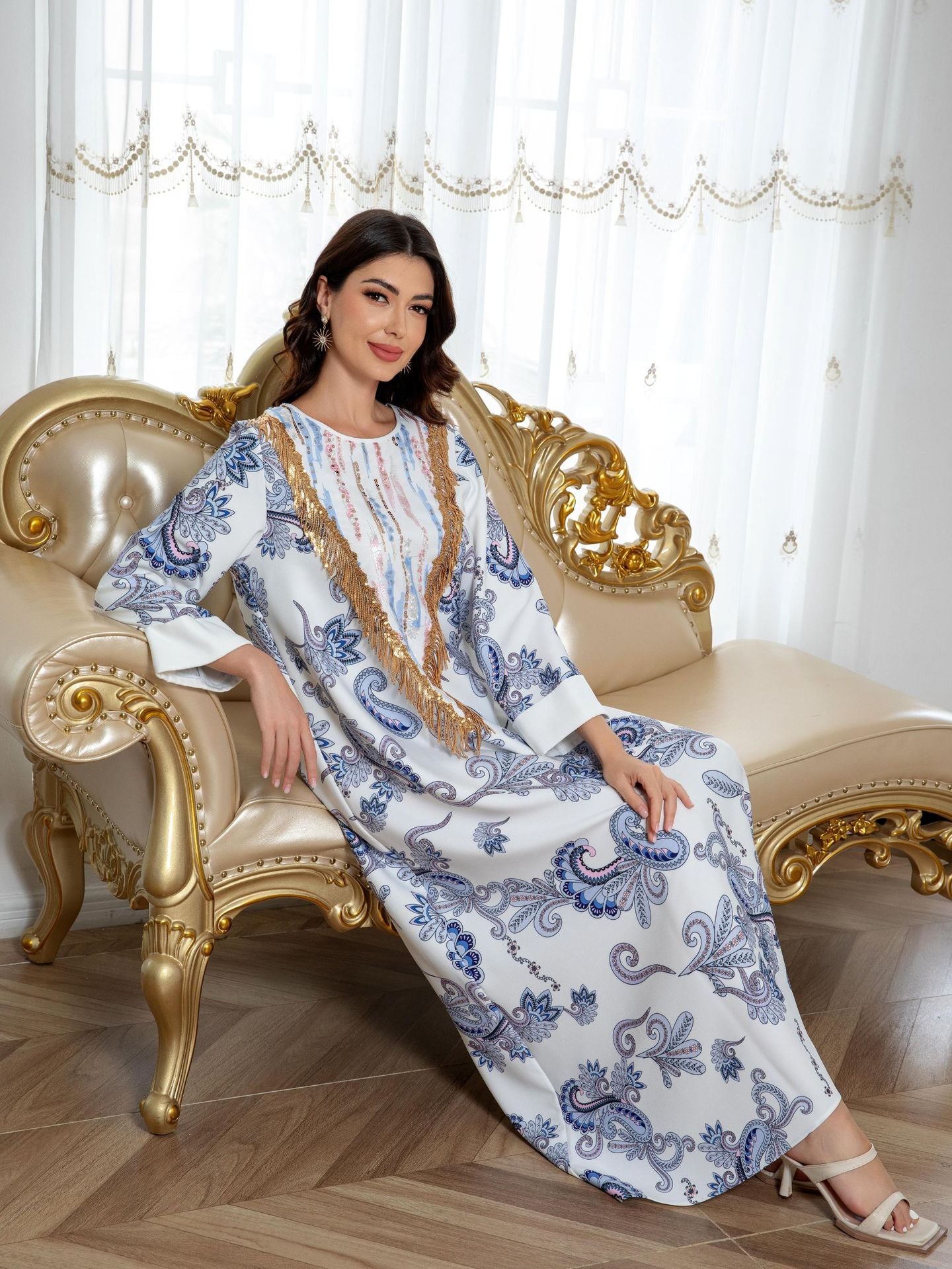 White Floral Print Evening Maxi Abaya Dress - Modest Long Sleeve Robe