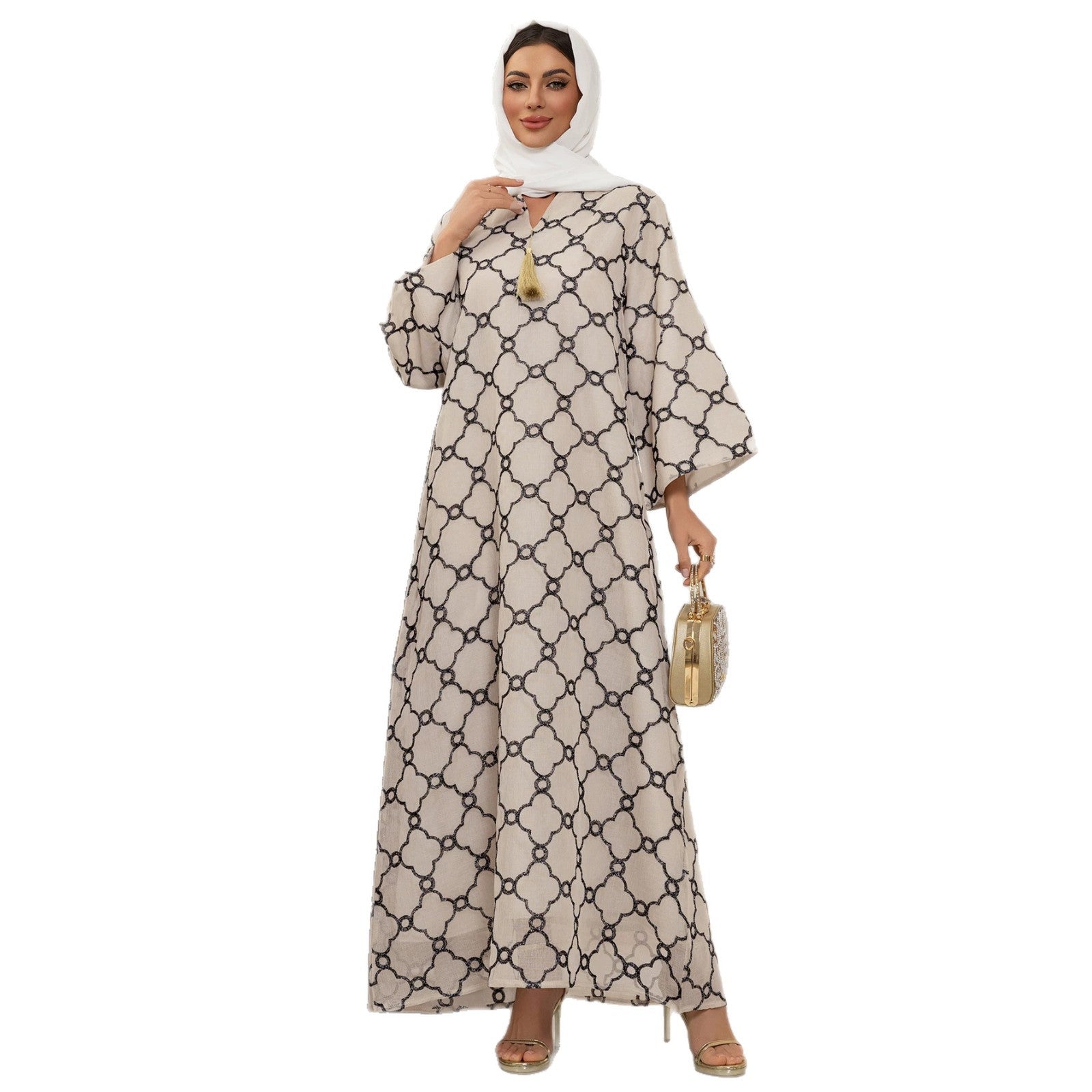 Apricot and Black Beaded Leaf Embroidered Maxi Abaya Dress Jalabiya Modest Long Dress for Muslim Women Eid Ramadan Daily Wear S-XXL