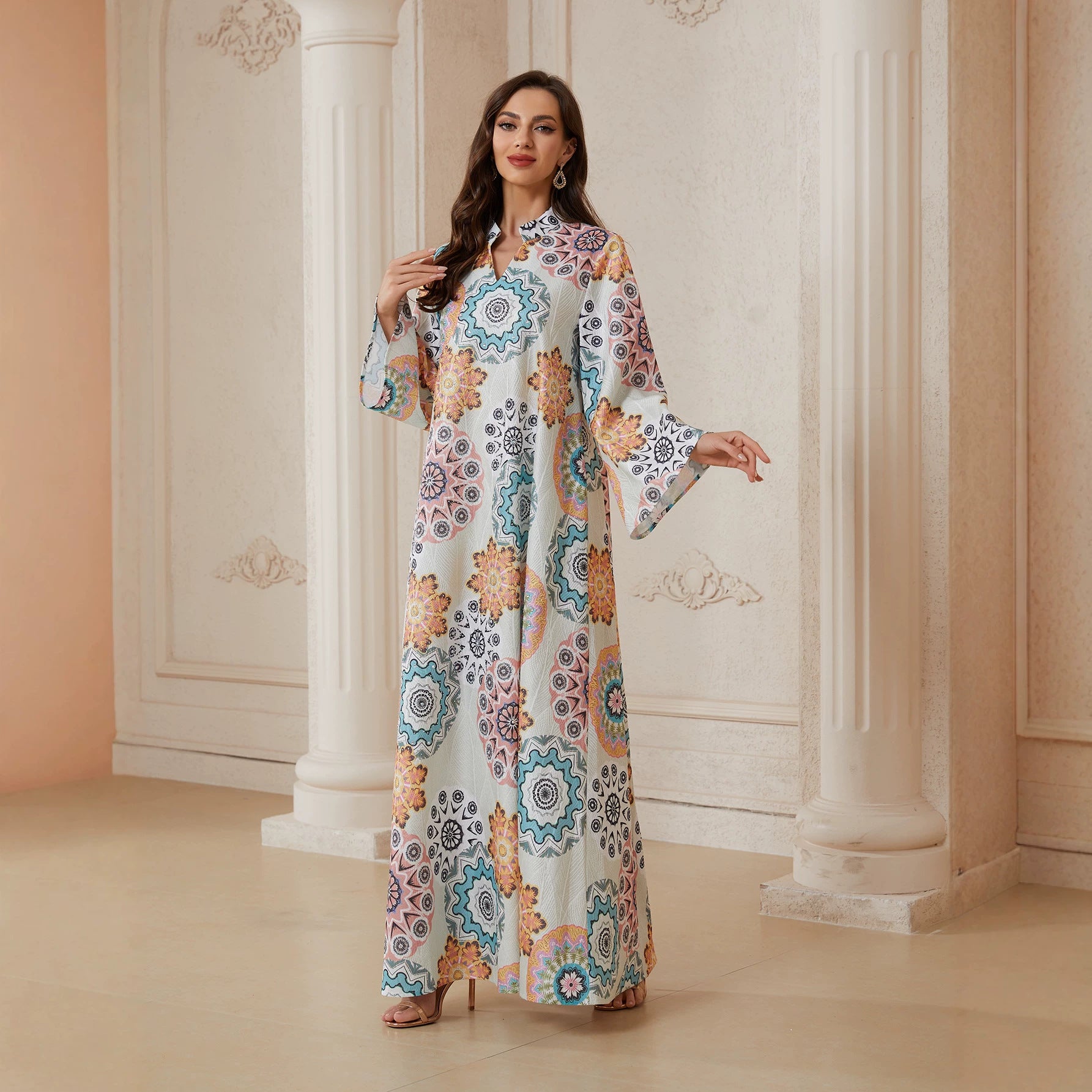 2026 New Arabian Boho Couture Multi Color Mandala Pattern Abaya Lightweight Textile Oversize Loose Long Sleeve Plus Size Modest Kaftan For Eid Banquet Family Trip