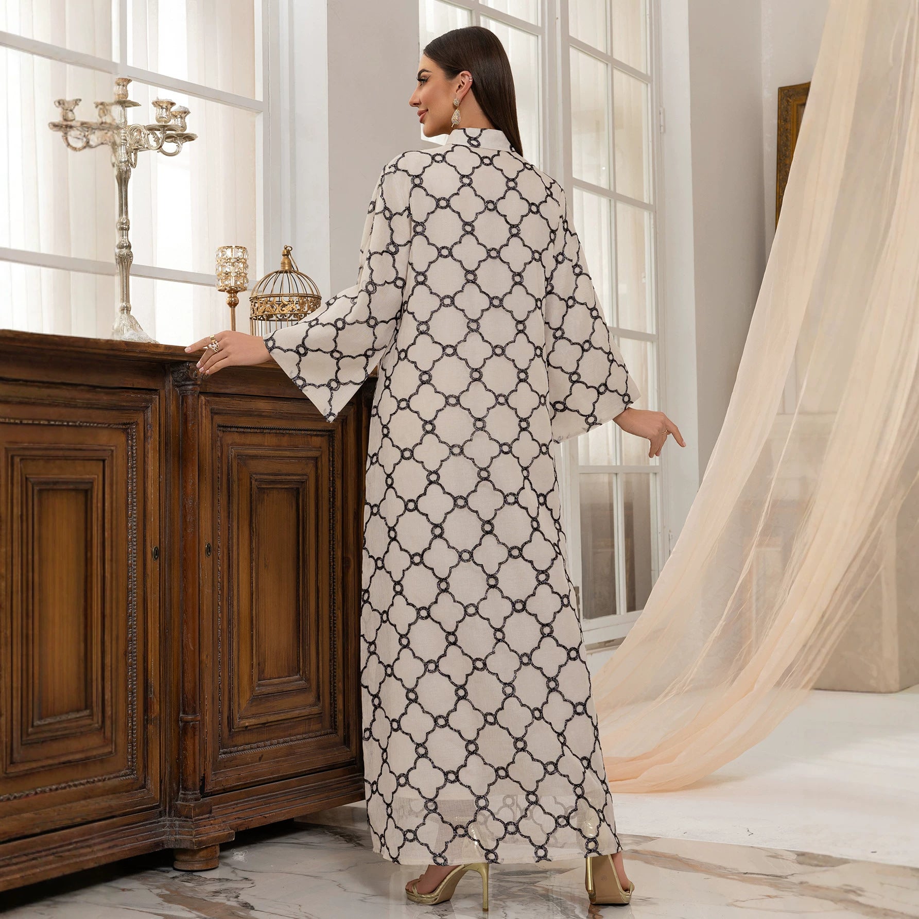 Apricot and Black Beaded Leaf Embroidered Maxi Abaya Dress Jalabiya Modest Long Dress for Muslim Women Eid Ramadan Daily Wear S-XXL