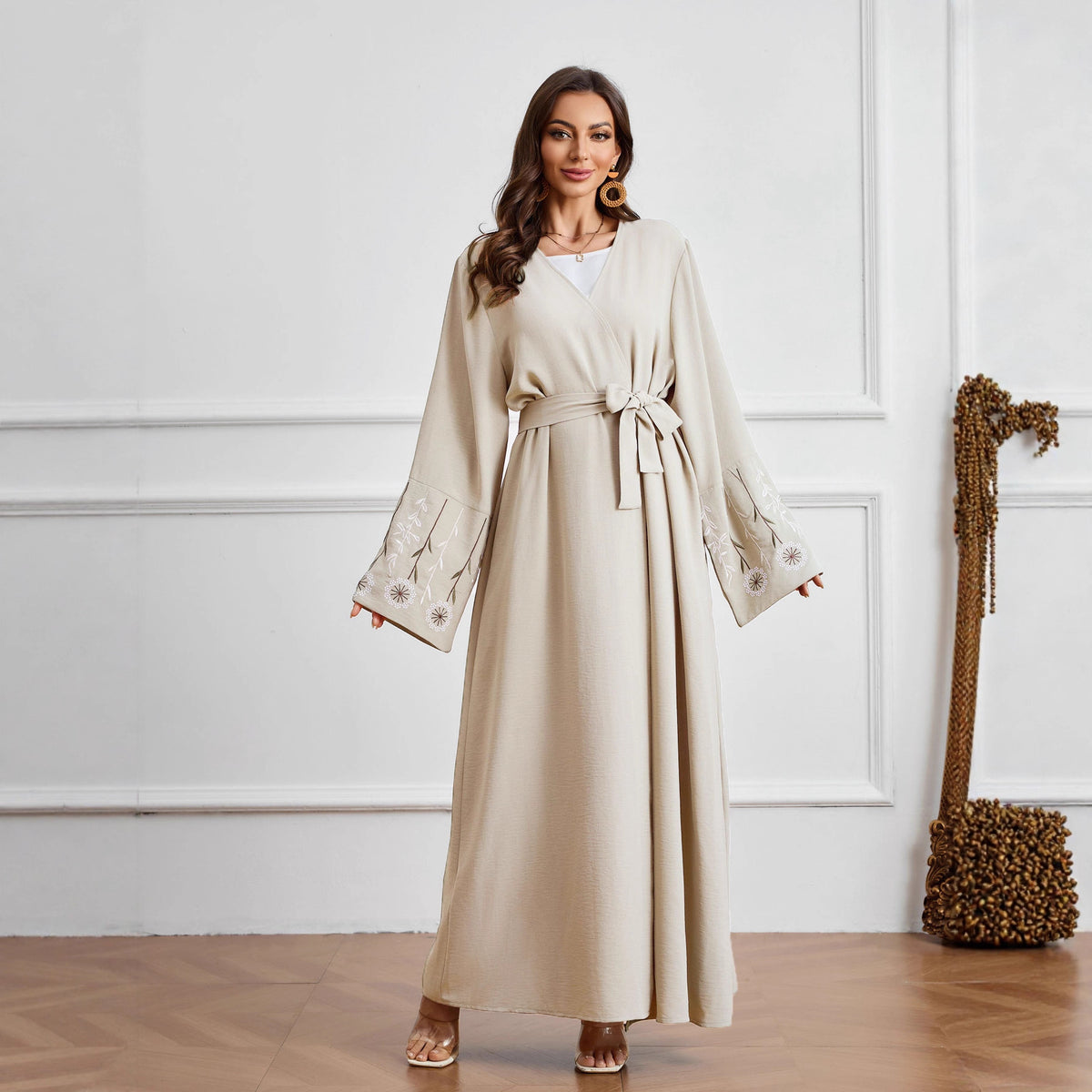 Elegant Floral Embroidered Sleeve Open Front Abaya Cardigan with Tie Belt Modest Long Maxi Robe for Muslim Women Eid Ramadan