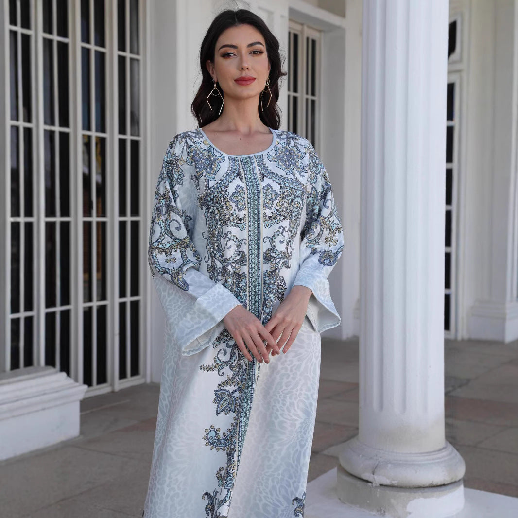 Grey Floral Print Mandarin Collar Rhinestone Plus Size Maxi Abaya