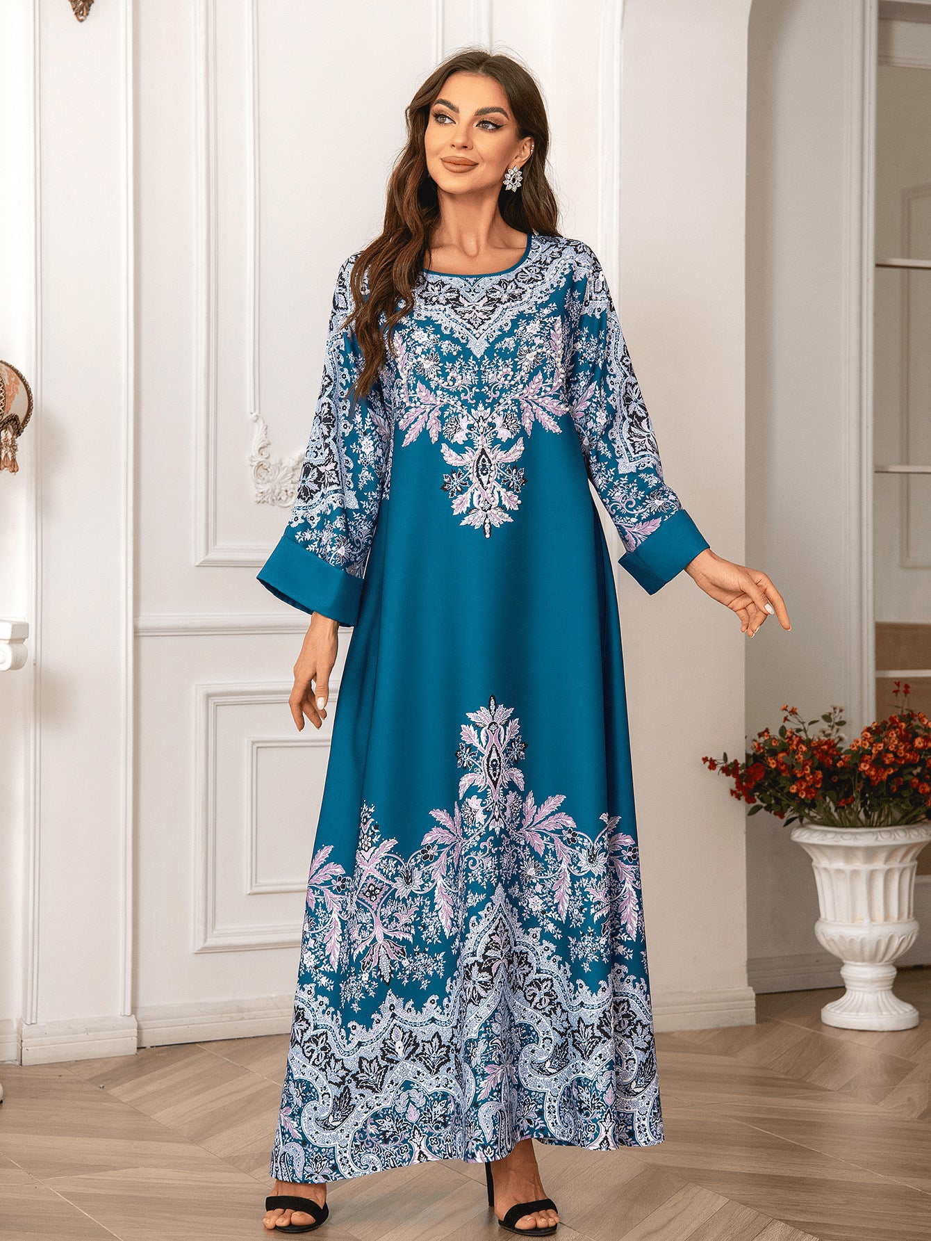 Peacock Blue Rhinestone Pleated Abaya - Elegant Modest Muslim Dress