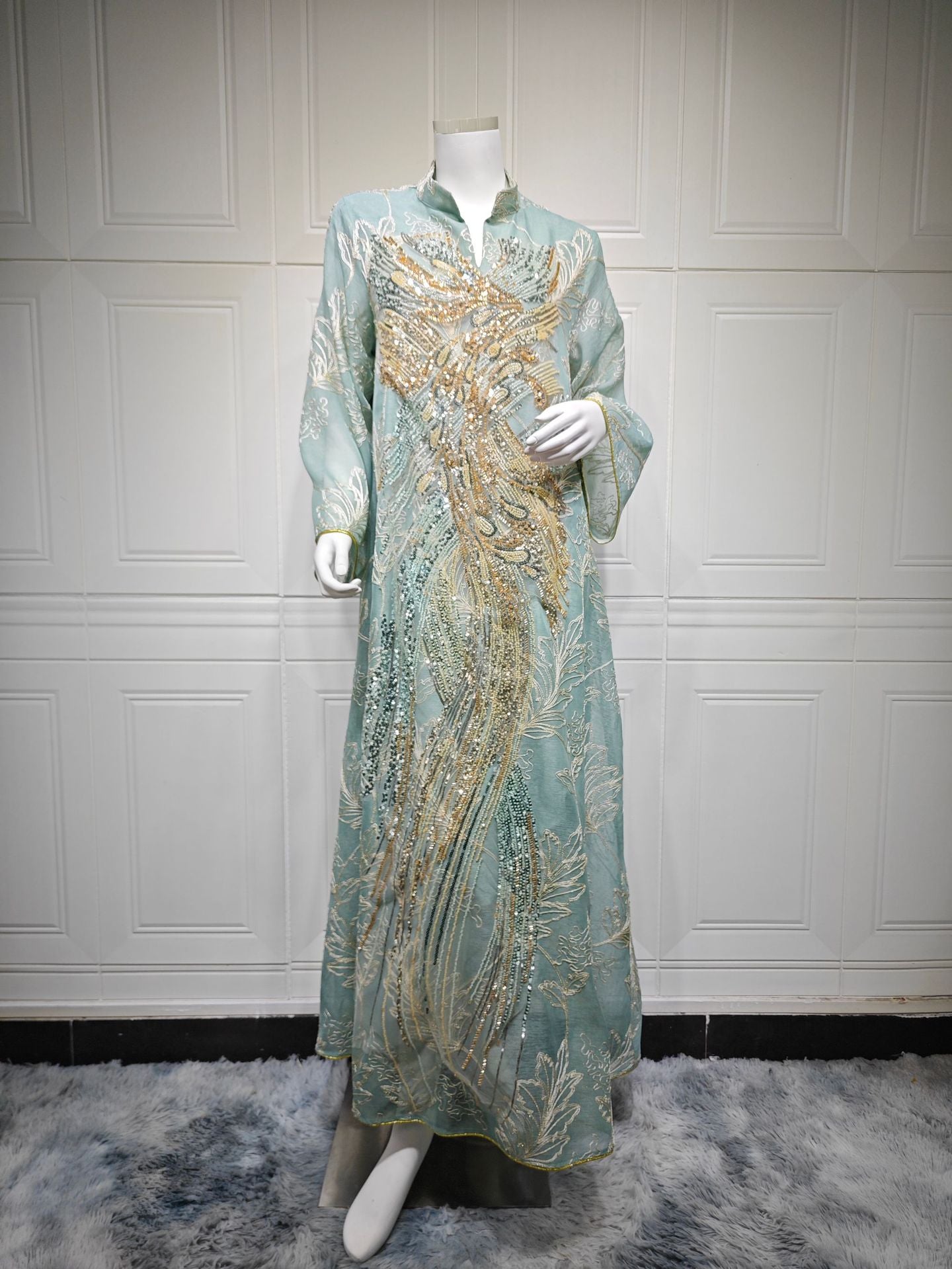 Elegant Oversized Wide Flare Sleeve Muslim Long Robe For Ladies Handcrafted Phoenix Sequins Embroidery Light See-through Leaf Print Abaya Four Shades Formal Ceremony Gown