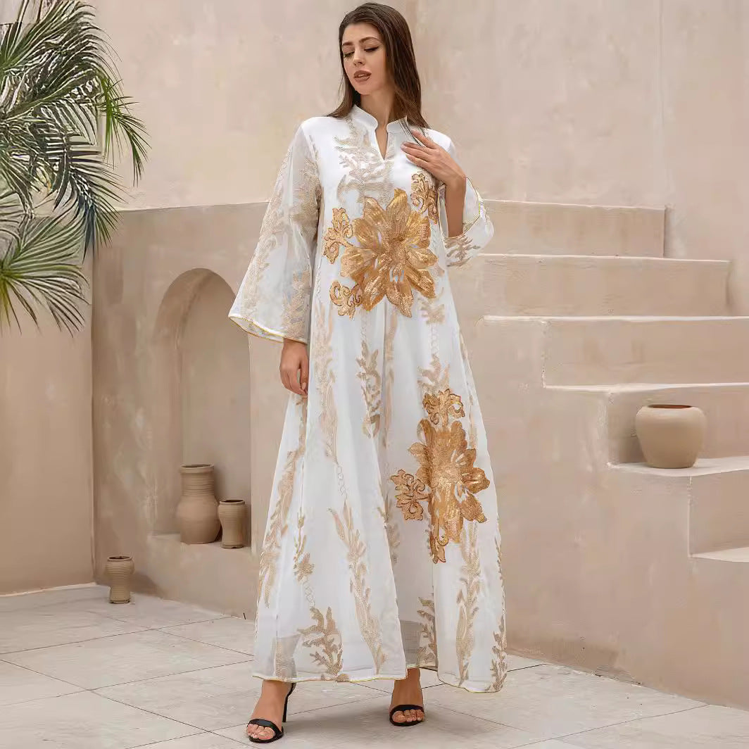 Elegant Gold Floral Embroidered Abaya Women White Stand Collar Flared Sleeve Loose Maxi Kaftan Popular Middle East Modest Outfit