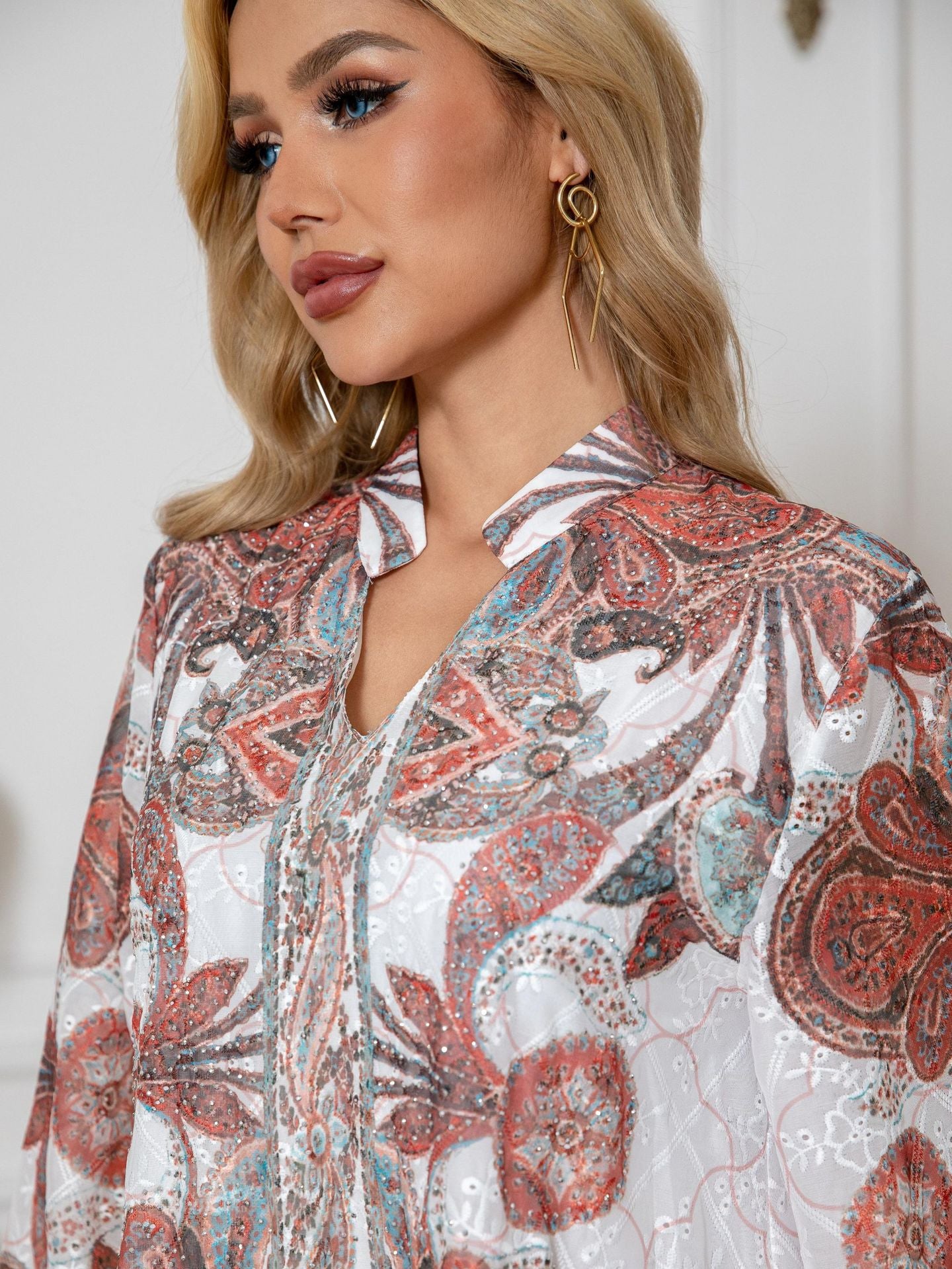 White Floral Print Rhinestone Embroidered Maxi Abaya Dress