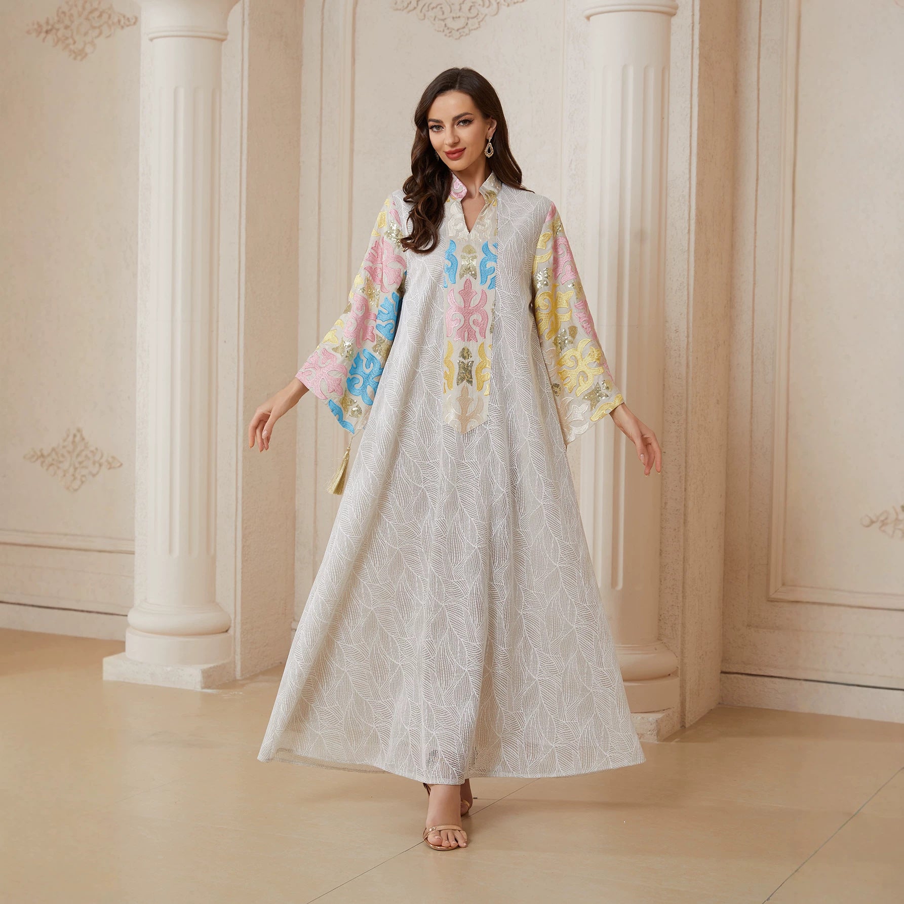 Elegant Multicolor Embroidered Tassel Abaya Women Grey Ivory Leaf Textured V Stand Collar Flared Sleeve Loose Maxi Kaftan Popular Middle East Modest Outfit