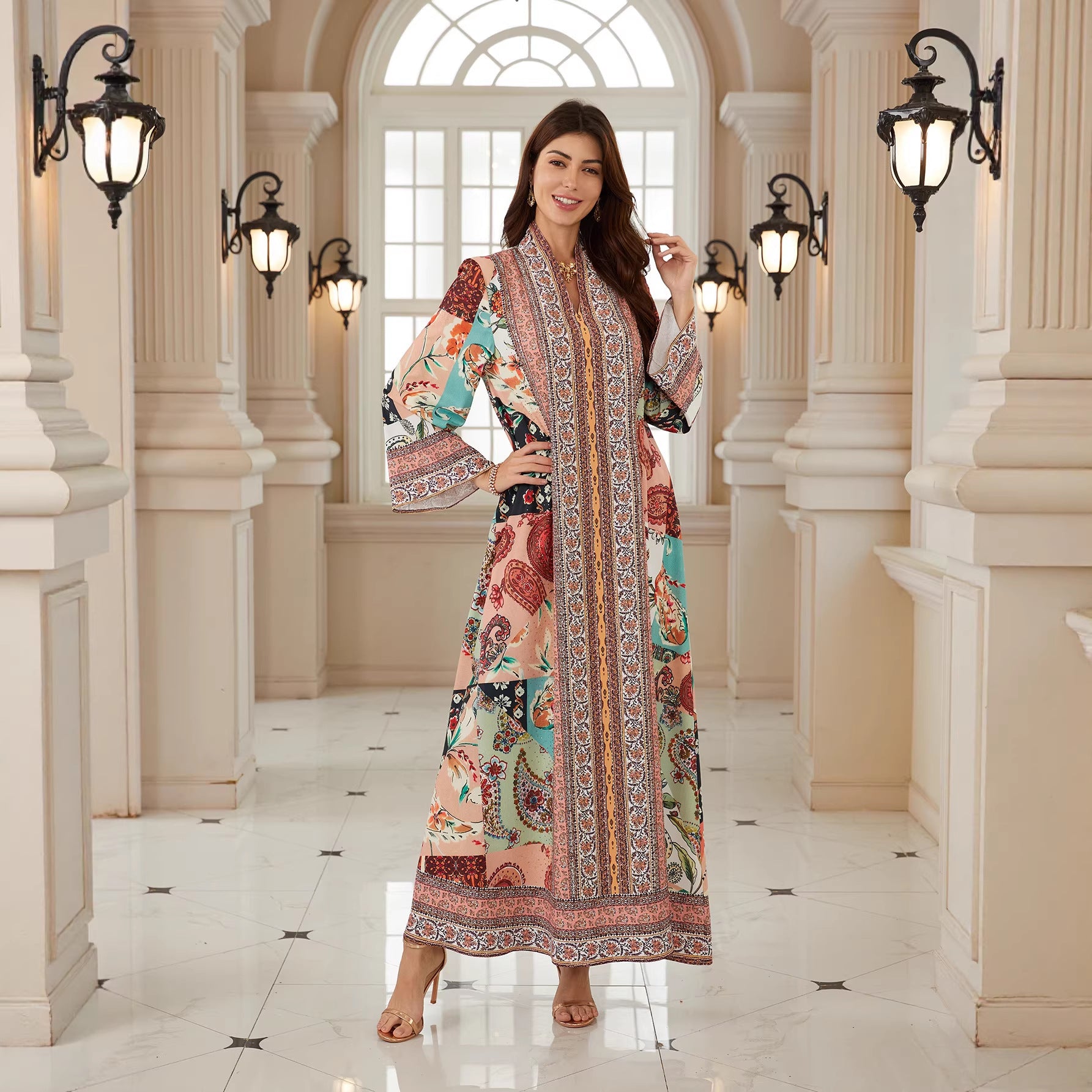 Boho Floral Jalabiya – Loose V-Neck Modest Maxi Dress