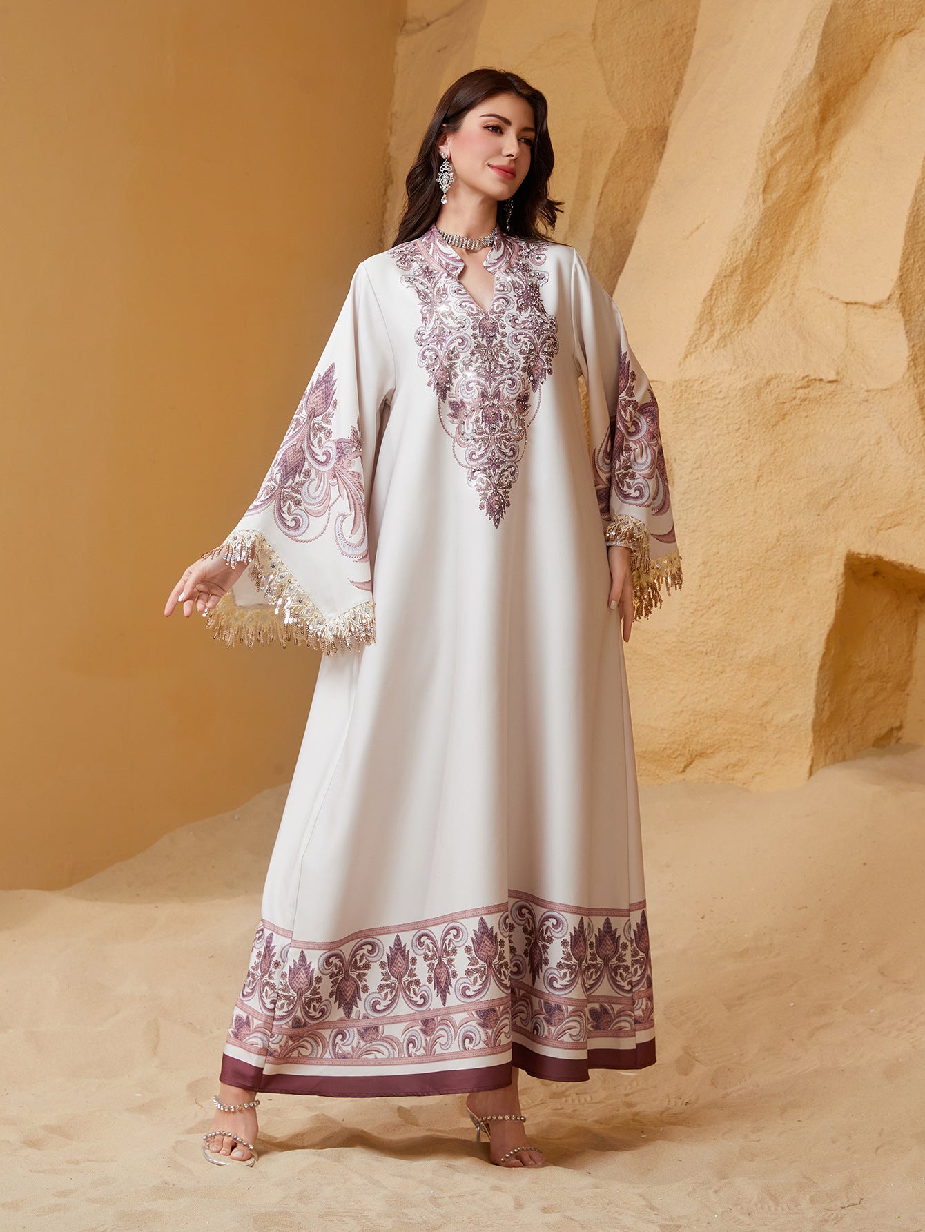Charming Pink Rhinestone Beaded Kaftan Gown Maxi Abaya Eid Ramadan