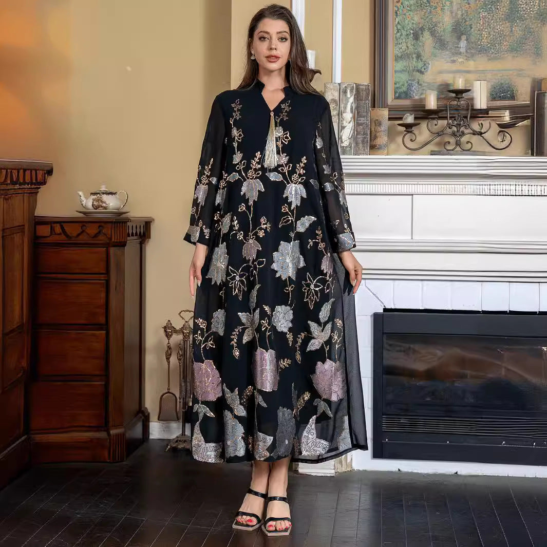 2026 Trending Modest Formal Abaya Black Tone Gradient Floral Sequin Embroidery V Neck Tassel Pendant Sheer Long Sleeve Long Dubai Robe Plus Size For UAE Saudi GCC Ramadan & Nikkah Ceremony