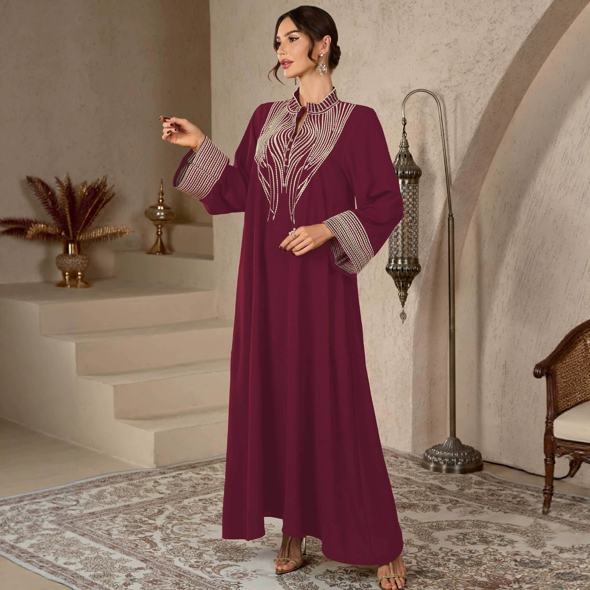 Wine Red and Black Embroidered Pullover V-Neck Maxi Abaya Dress
