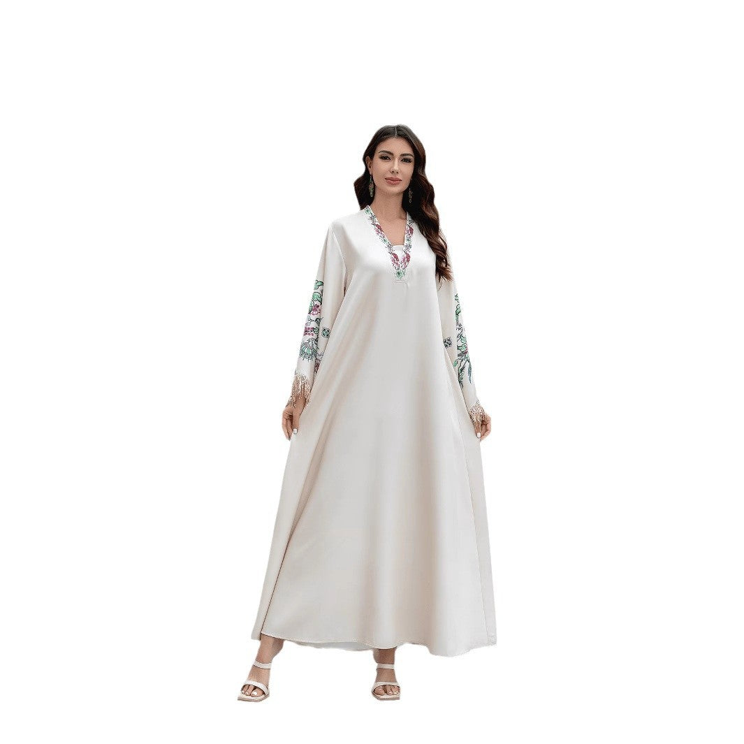 Graceful Apricot V-Neck Kaftan – Muslim Embroidered Long Dress