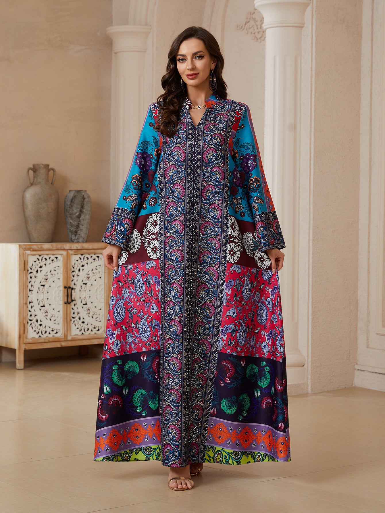 Graceful Floral Long-Sleeve Abaya – Printed Modest Maxi Robe