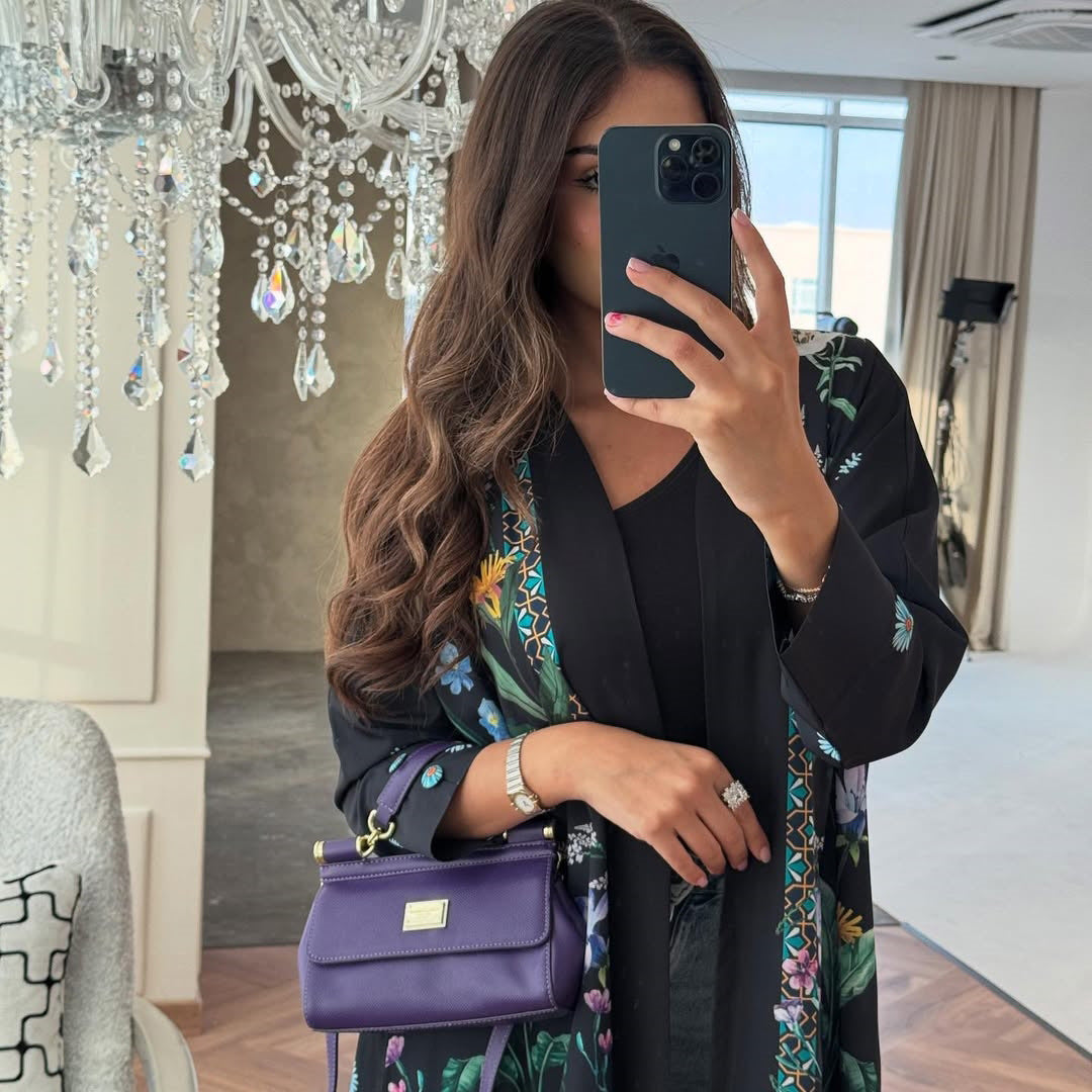 Black Floral Print Open Outerwear Maxi Abaya with Hijab Two-Piece Set