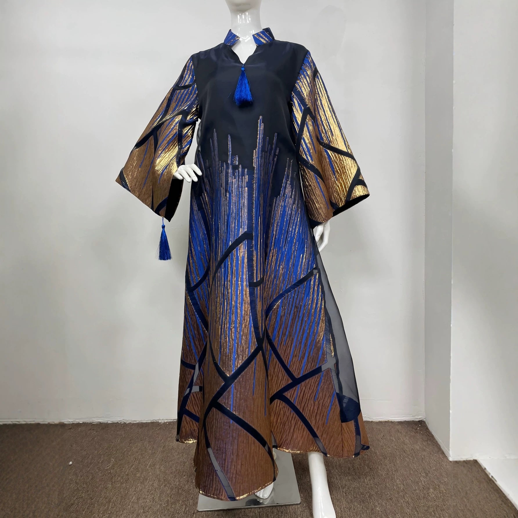 Dubai Islamic Modest Abaya Black Stand Collar Blue Gold Line Geometric Pattern Wide Bell Sleeve Oversized Kaftan Gown For Muslim Ladies Holiday Party