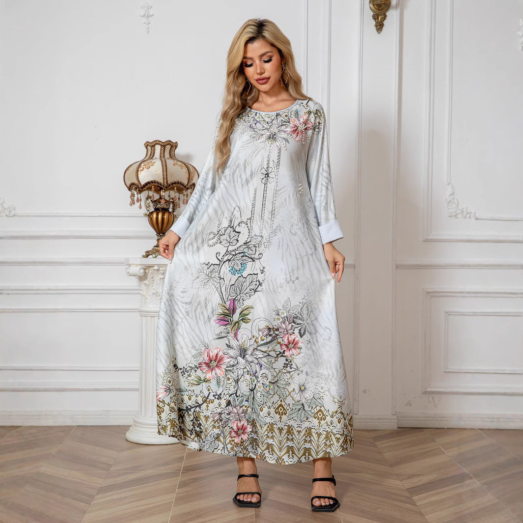 Light Grey Printed Beaded Abaya - Rhinestone Modest Maxi Dress