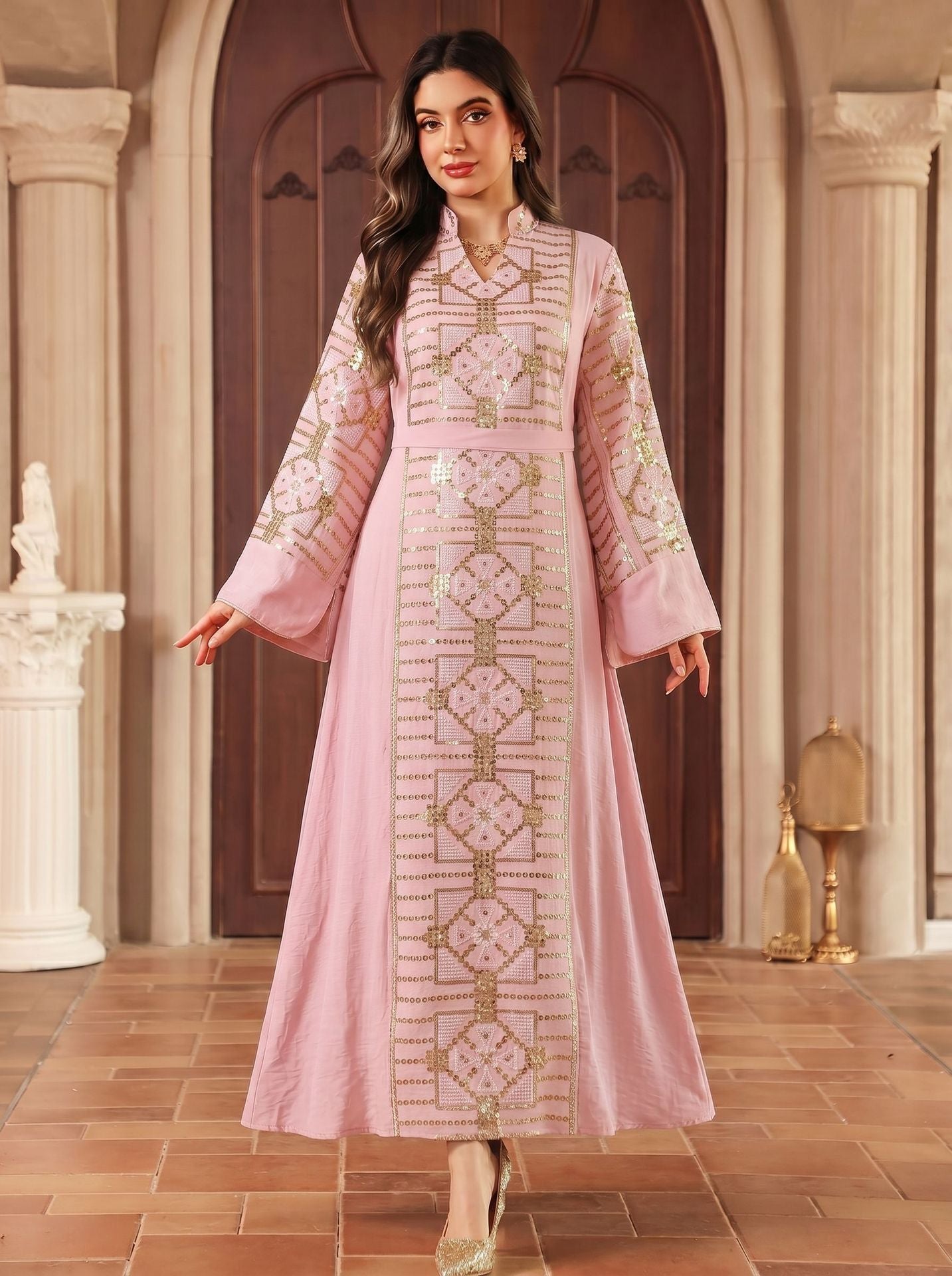 Gold Thread Sequin Embroidered Luxury Gown Jalabiya Modest Long Maxi Evening Dress for Muslim Women Eid Ramadan S-XXL