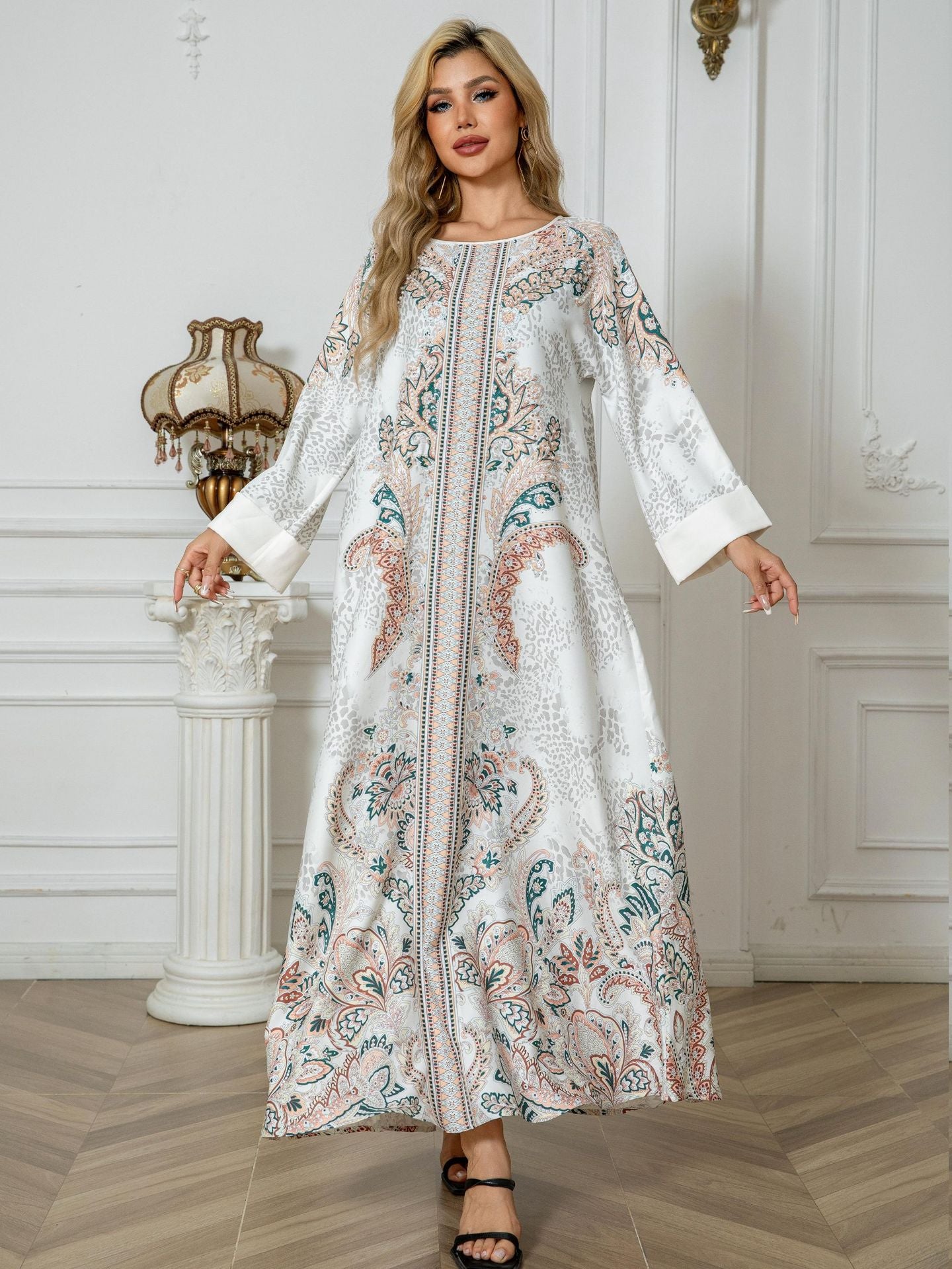 White Floral Print Mandarin Collar Rhinestone Plus Size Maxi Abaya Dress