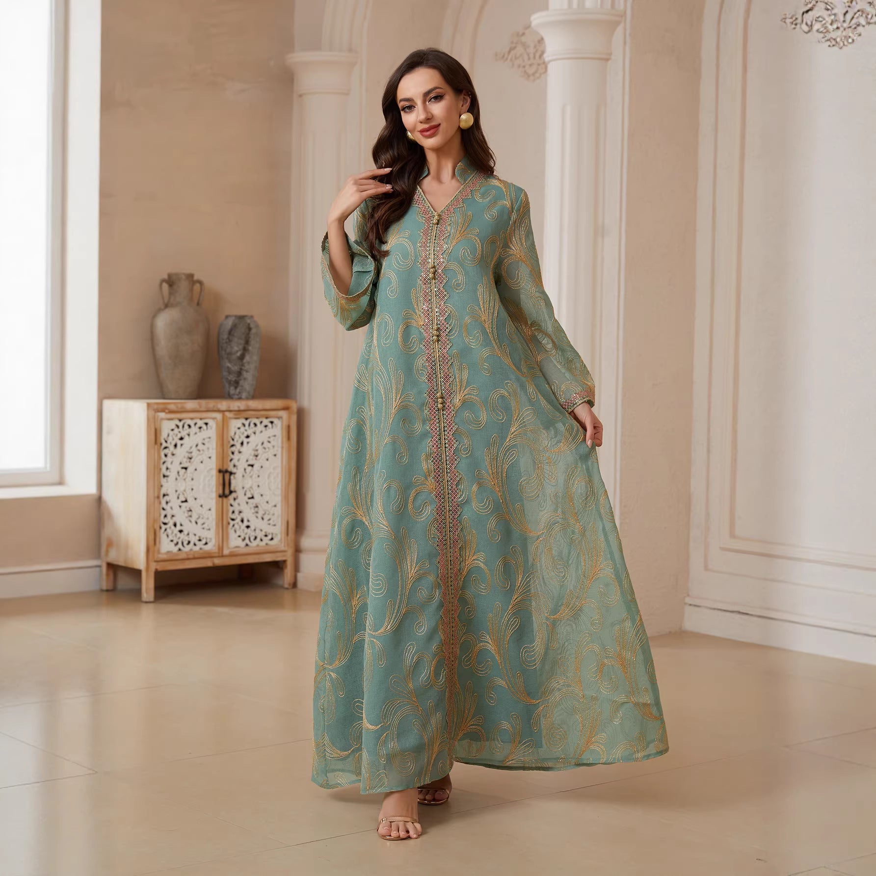 Elegant Embroidered Long-Sleeve Women's Abaya Gown