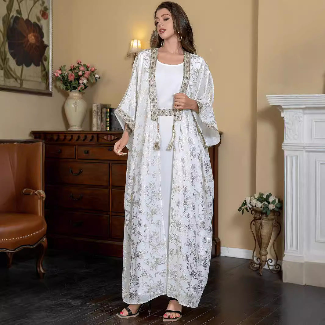 Ivory White Gold Foil Floral Premium Pan-Arab Craft Open Front Modest Two Piece Outfit Glossy Satin Jacquard Single Layer Outer Kaftan Solid White Slip Maxi Dress All Over Delicate Metallic Gold Silver Botanical Jacquard Print Wide Batwing Kimono Fla