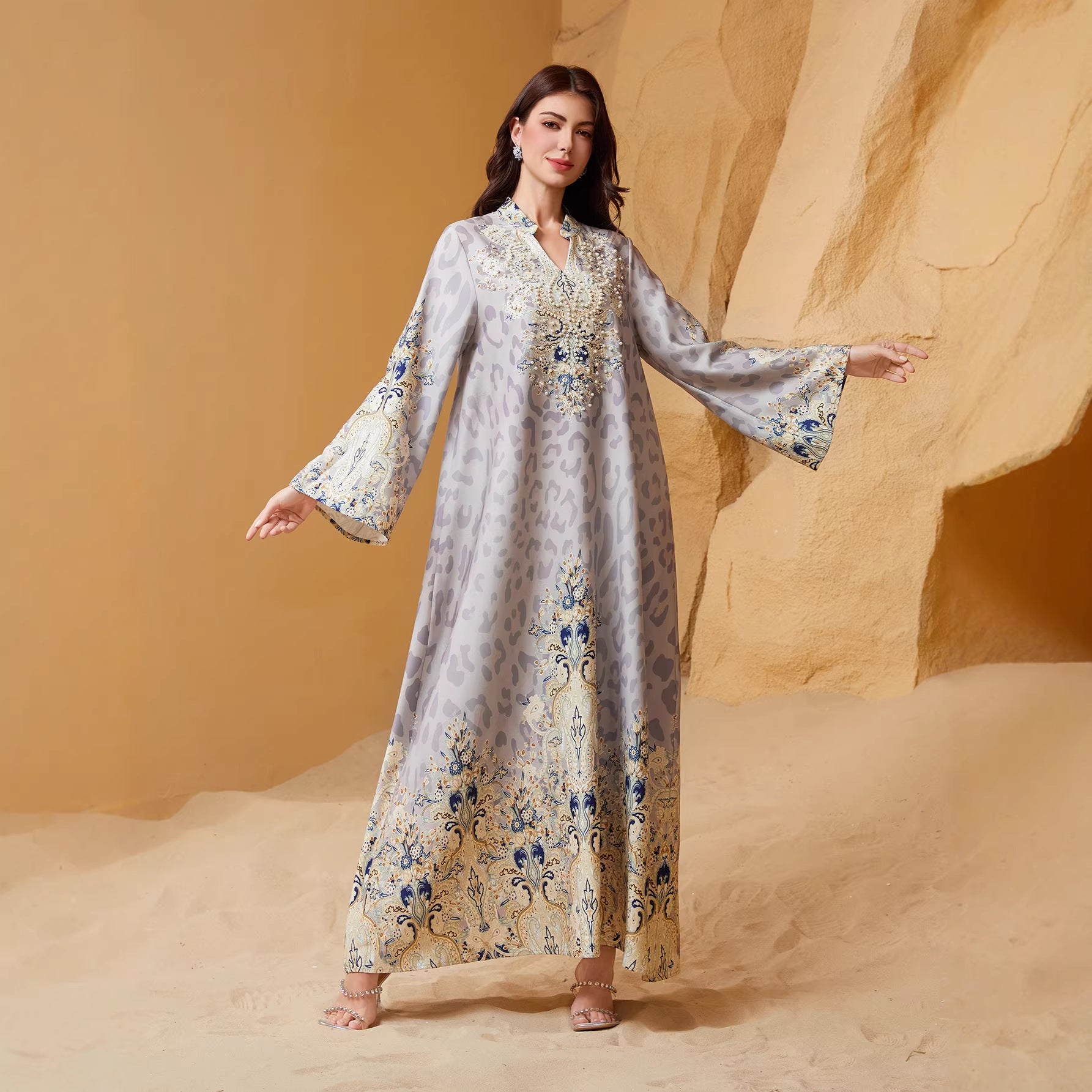 Bold Yellow Grey Leopard Rhinestone Kaftan Abaya Maxi Eid Ramadan