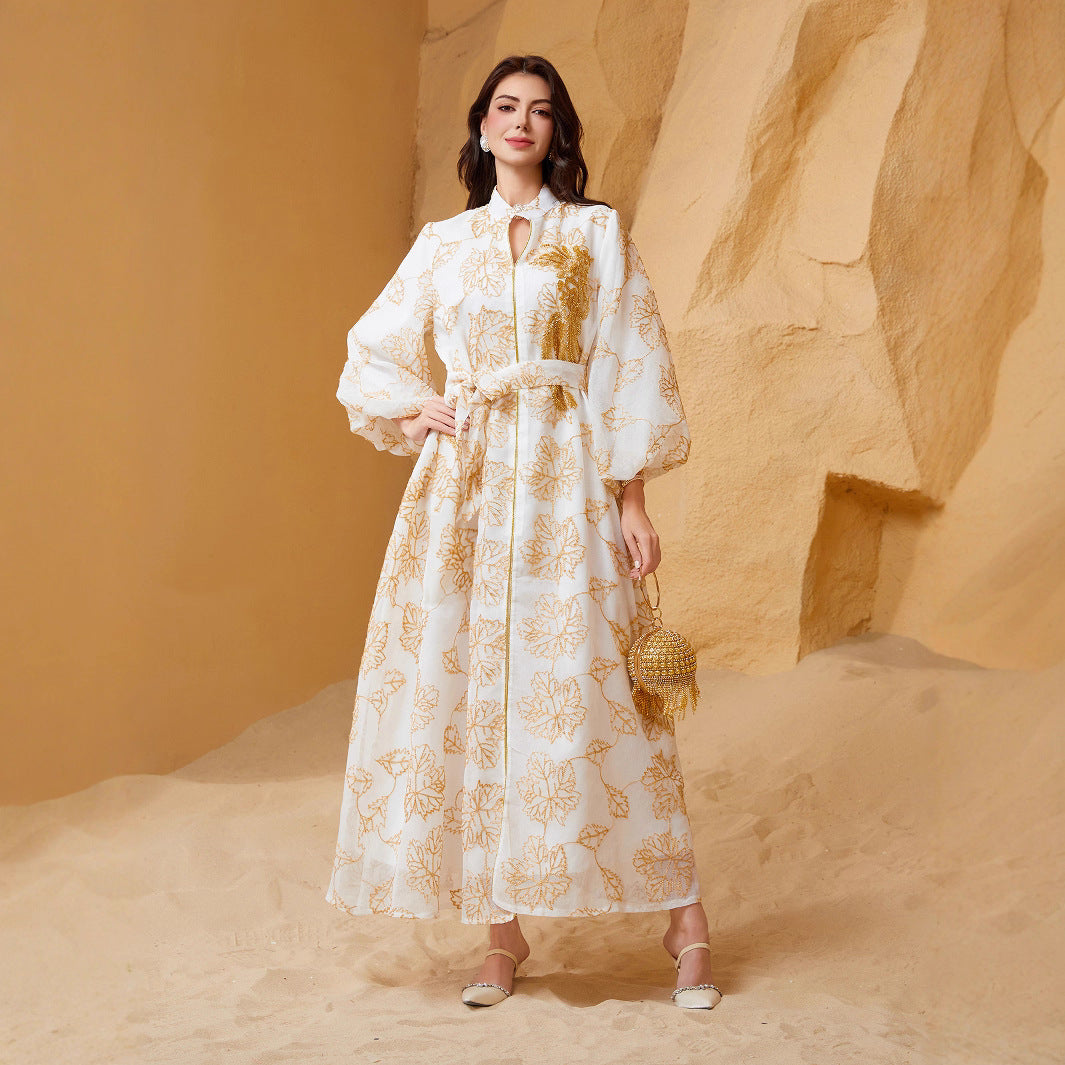 Luxury All Over Gold Print Middle East Kaftan Two Colors Stand Collar Lantern Sleeve Modest Ramadan Maxi Dress