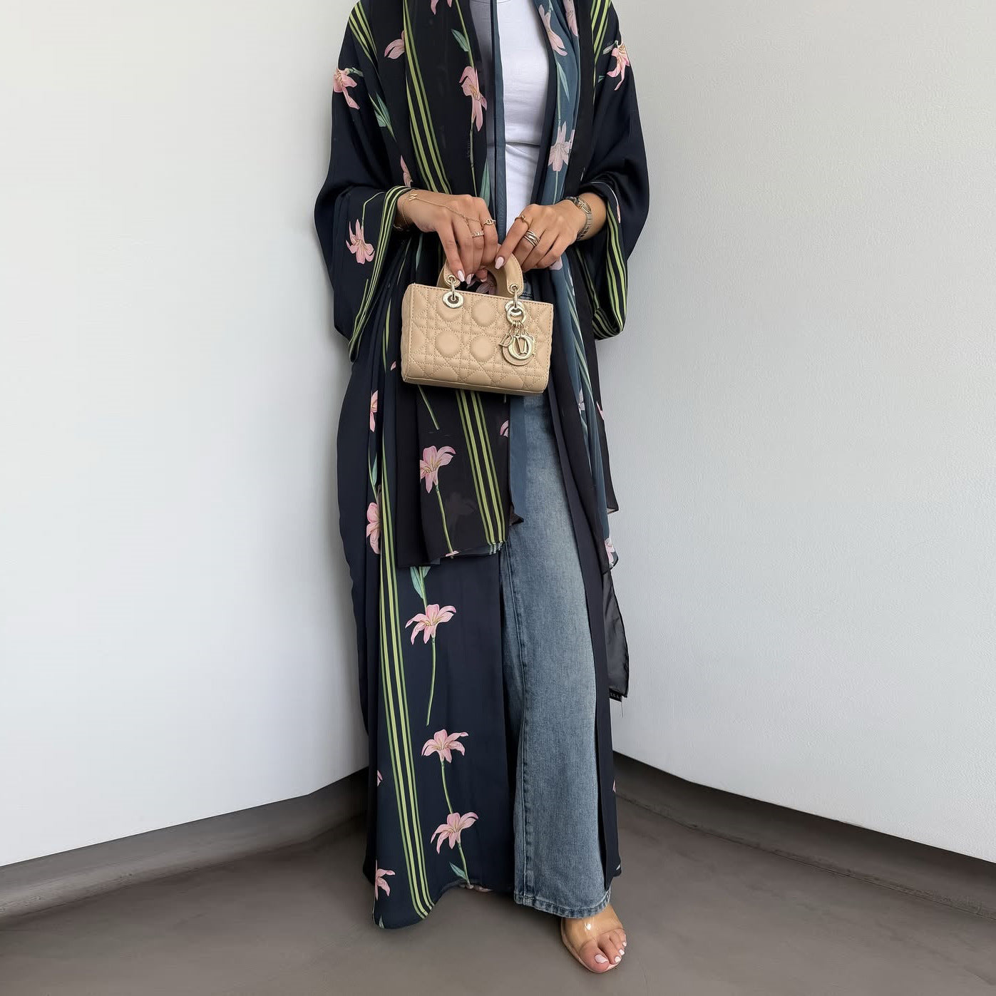 Black Floral Print Open Outerwear Maxi Dress with Hijab Two-Piece Set