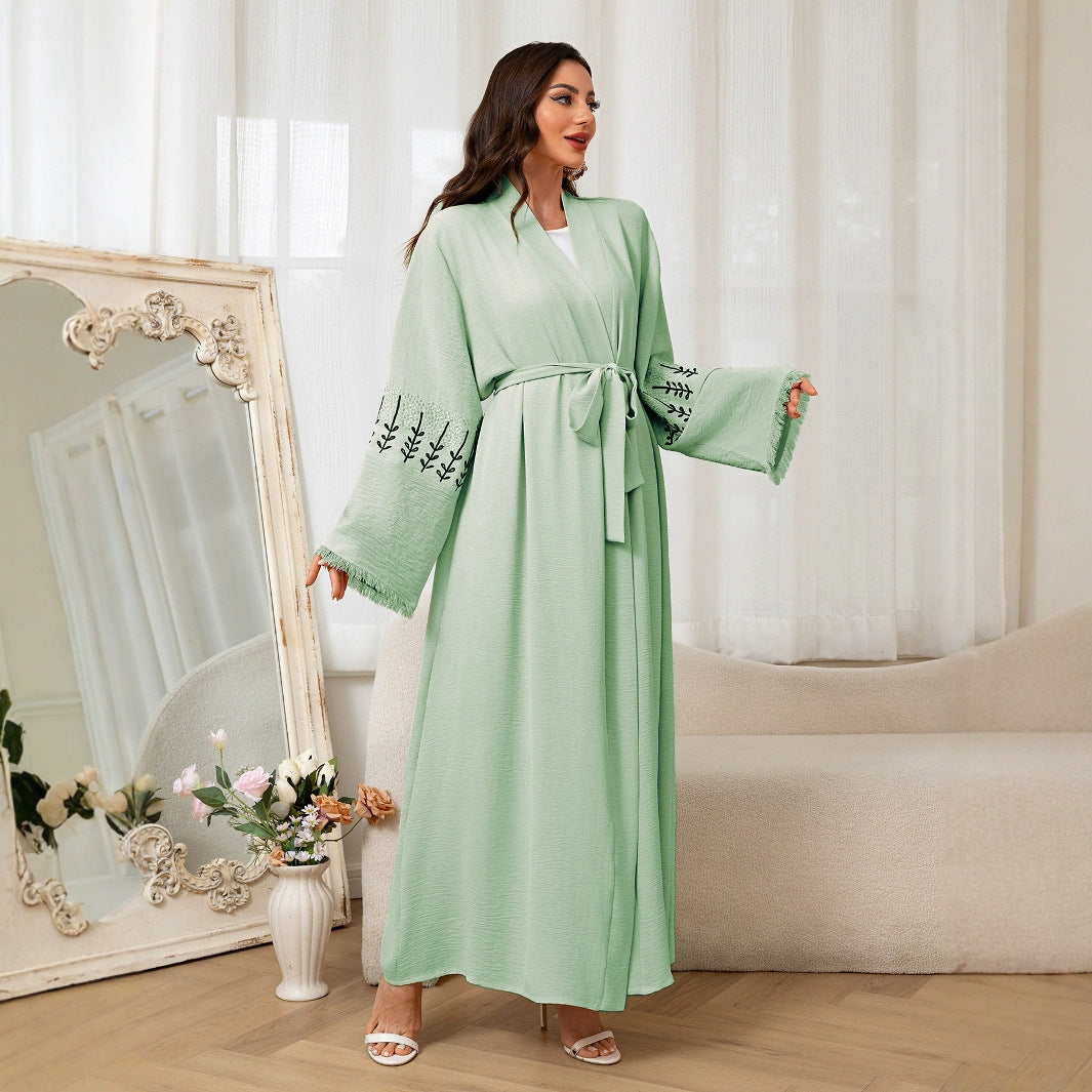 Embroidered Belted Open Front Long Maxi Cardigan Abaya Modest Long Robe for Muslim Women Eid Ramadan Festive Celebration One Size