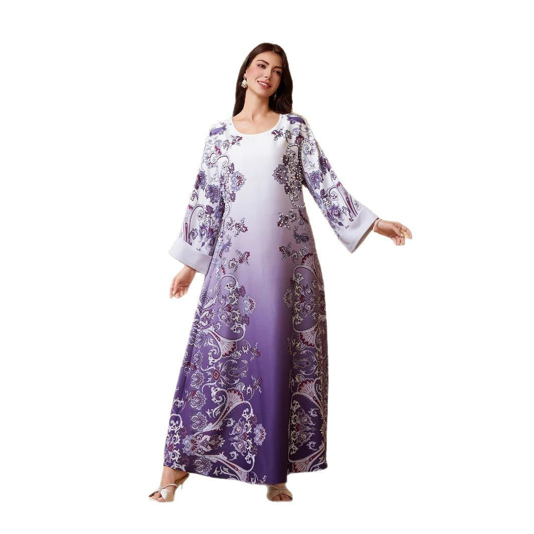 Purple Rhinestone Beaded Round Neck Floral Maxi Abaya Dress