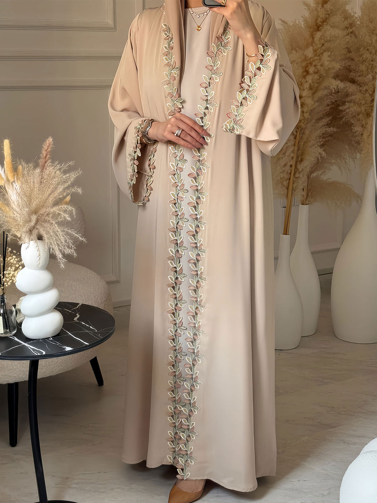 Delicate Lace Trim Embroidered Open Front Abaya Cardigan Modest Long Maxi Gown for Muslim Women Festive Banquet Party - 216