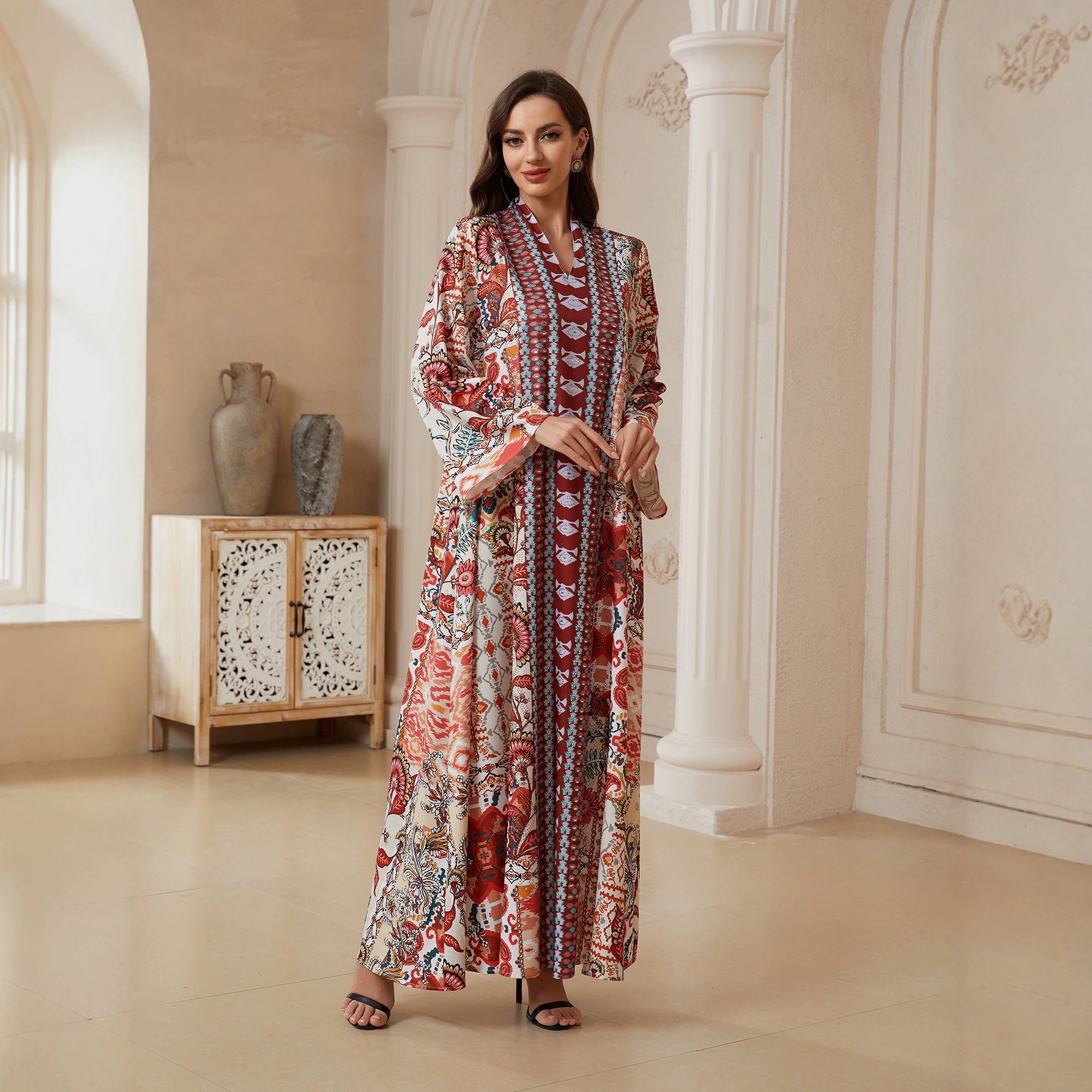 Floral V-Neck Plus Size Maxi Dress - Loose Summer Muslim Gown