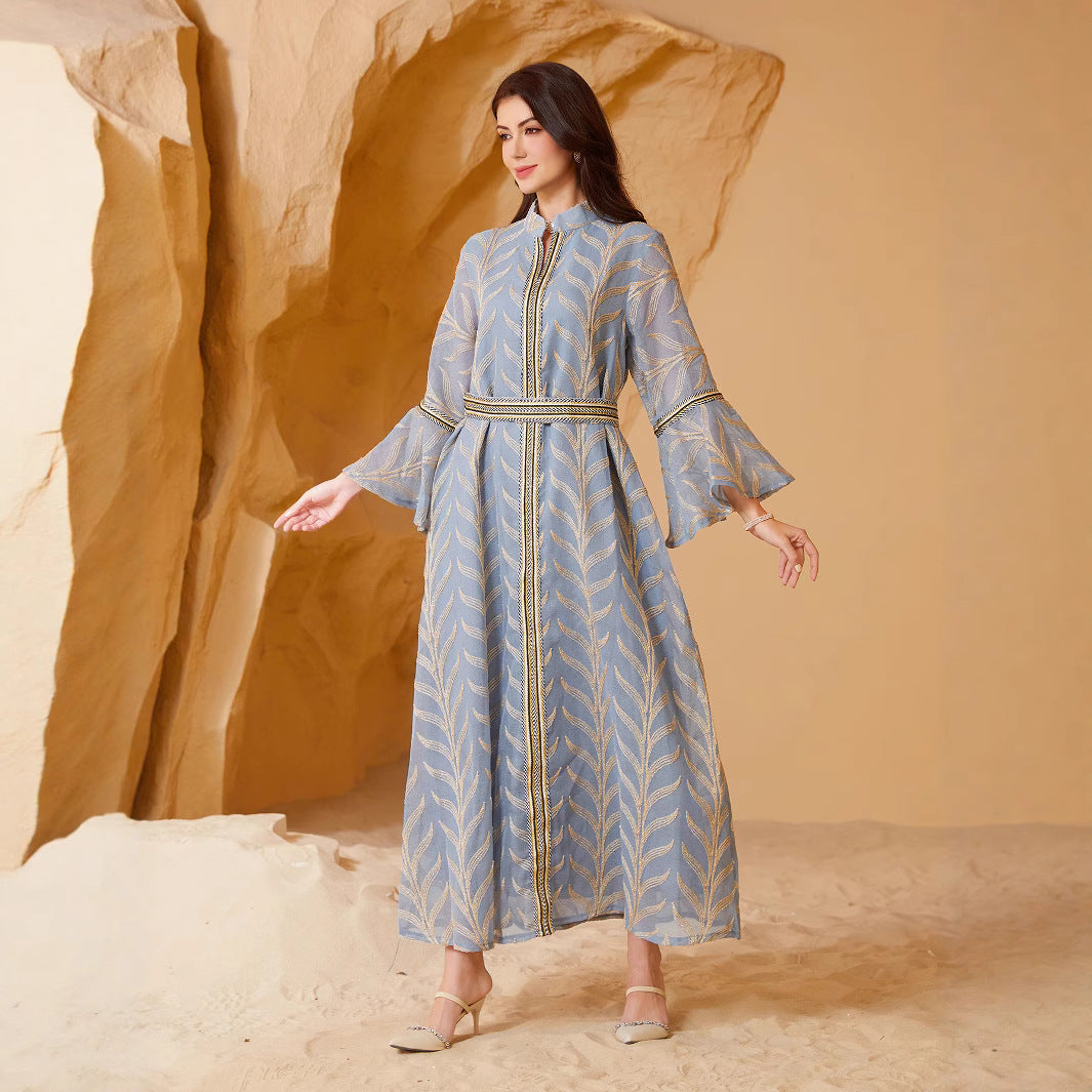 Saudi Muslim Women Premium Sheer Moroccan Kaftan Dusty Blue Golden Palm Leaf Embroidery Mandarin Collar Zip Closure Matching Waist Belt Oversize Flare Sleeve Loose Maxi Formal Outfit For All Gulf Ladies Eid Celebration Wedding Reception