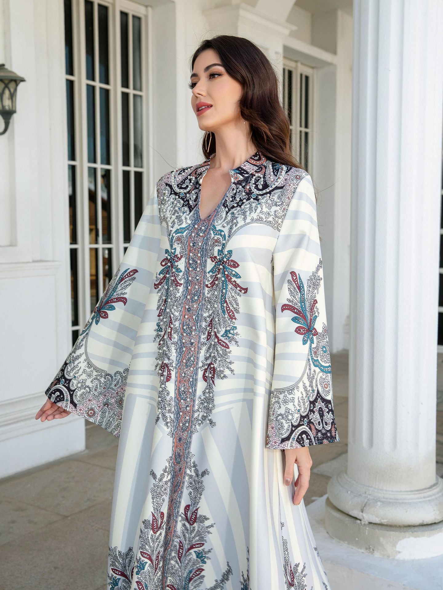 White Floral Print Mandarin Collar Rhinestone Embroidered Maxi Abaya