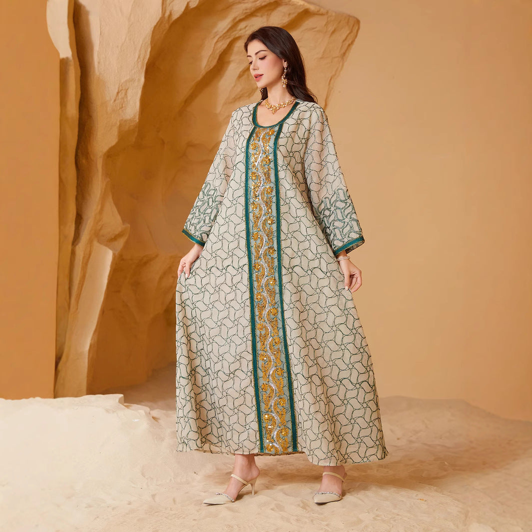 Gulf Islamic Modest Robe Three Tone Green Black Red Crack Jacquard Square Neck Luxury Vertical Sequin Embroidery Wide Bell Sleeve Plus Size Moroccan Caftan For Ladies Formal Evening Occasion