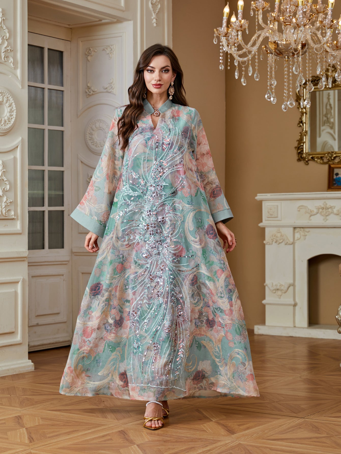 2026 Luxury Floral Print Abaya Women Hand Beaded Rhinestone Long Kaftan Stand Collar Flare Sleeve Loose Maxi Dress For Wedding Party
