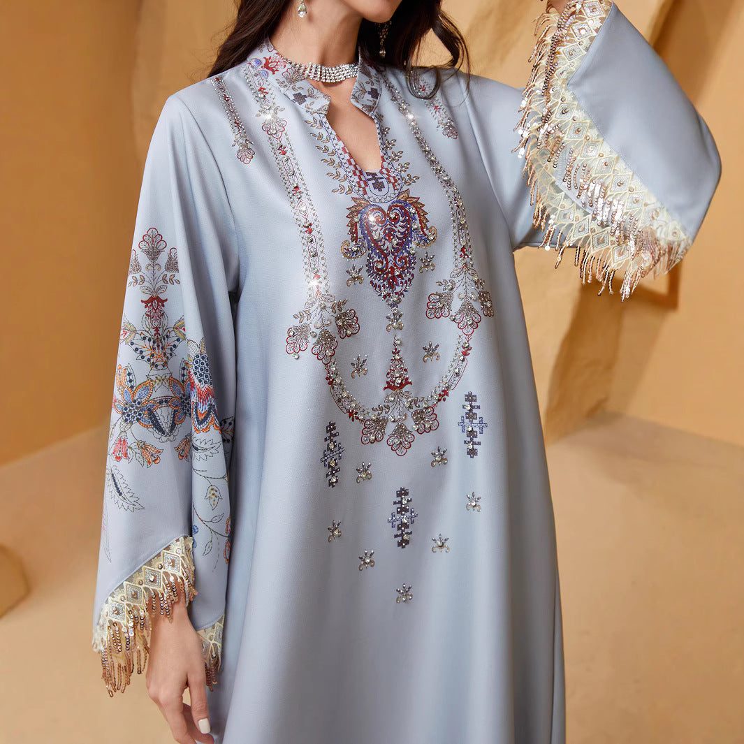 Refined Silver Grey V-Neck Tassel Evening Gown Maxi Abaya Ramadan